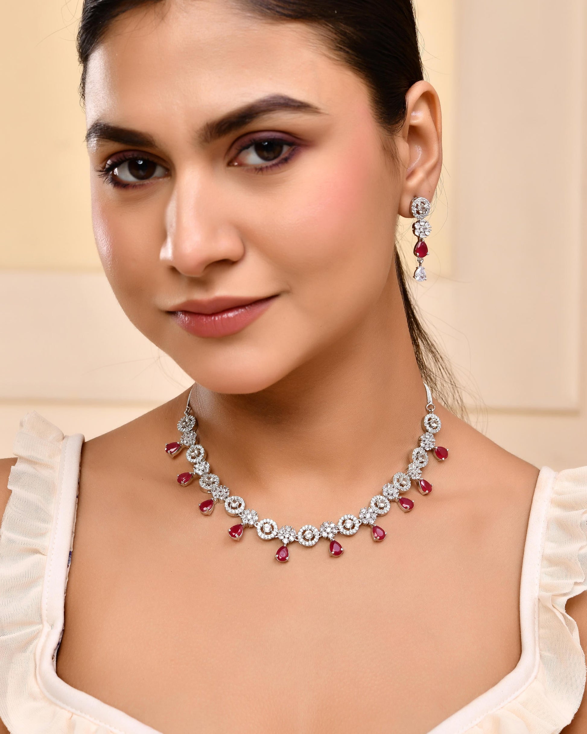 VOJ Silver Plated AD Studded Circular Shape Jewellery Set - Swadesiicart