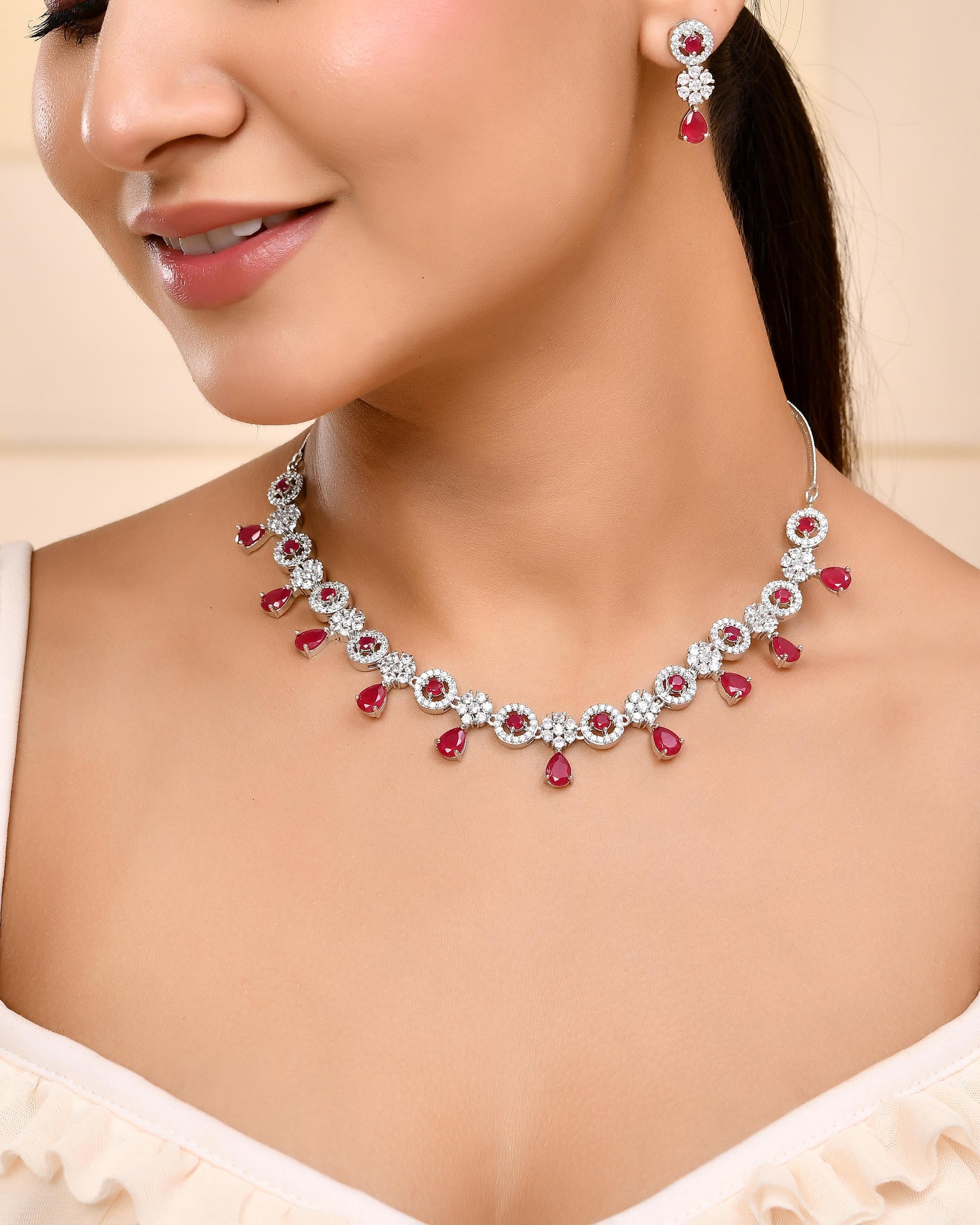 VOJ Silver Plated White And Marron AD Studded Circular Shape Jewellery Set - Swadesiicart