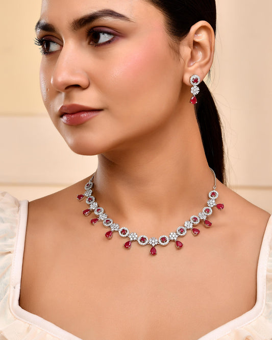 VOJ Silver Plated White And Marron AD Studded Circular Shape Jewellery Set - Swadesiicart
