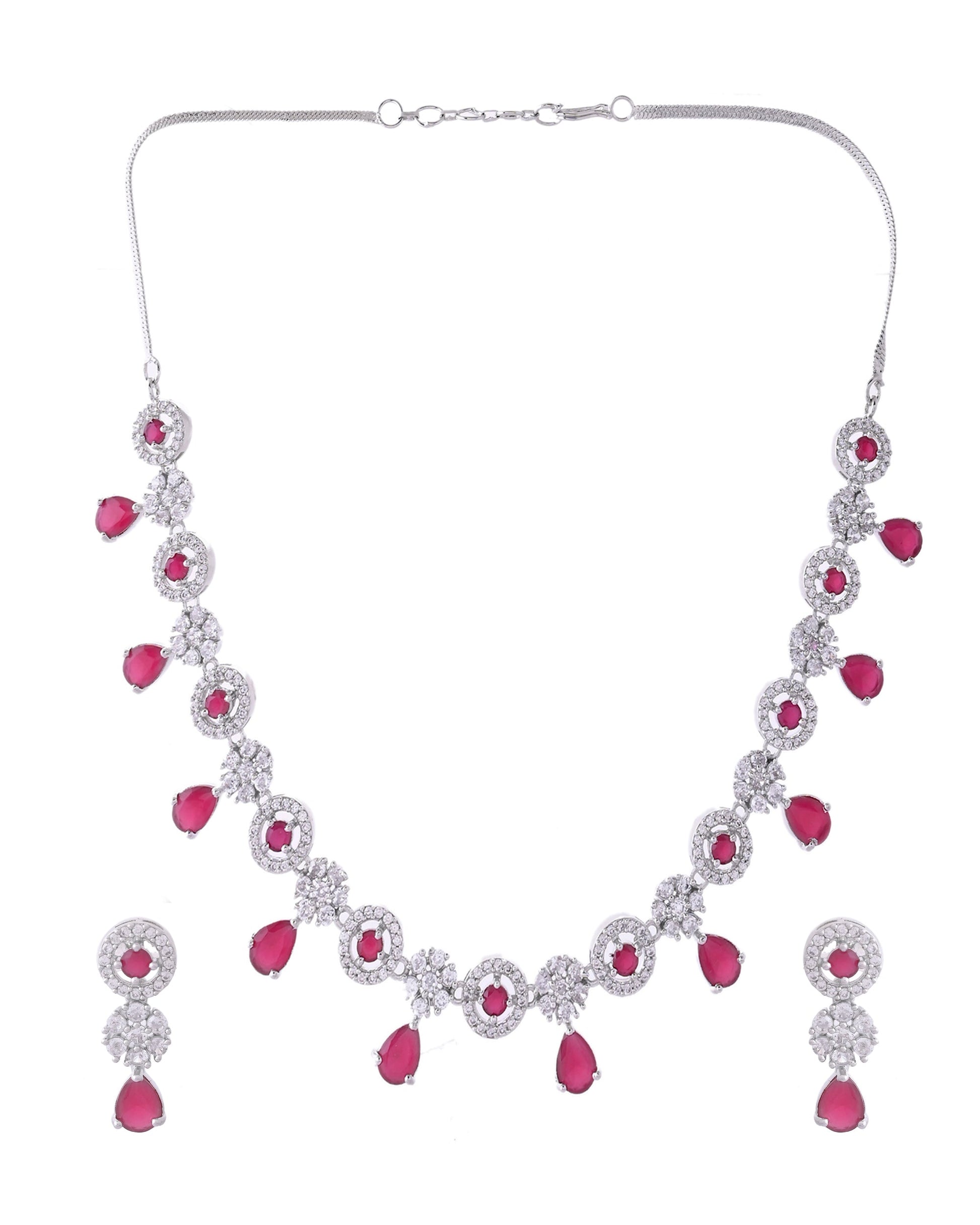 VOJ Silver Plated White And Marron AD Studded Circular Shape Jewellery Set - Swadesiicart