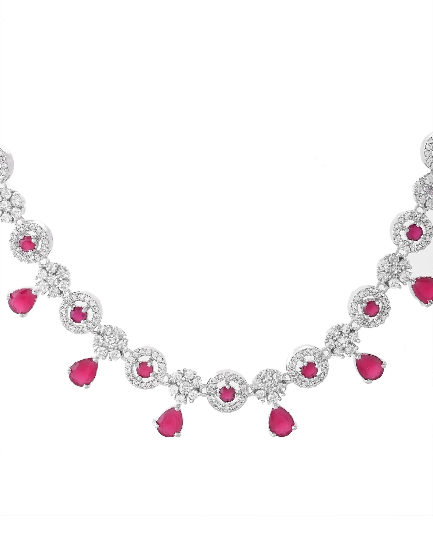 VOJ Silver Plated White And Marron AD Studded Circular Shape Jewellery Set - Swadesiicart