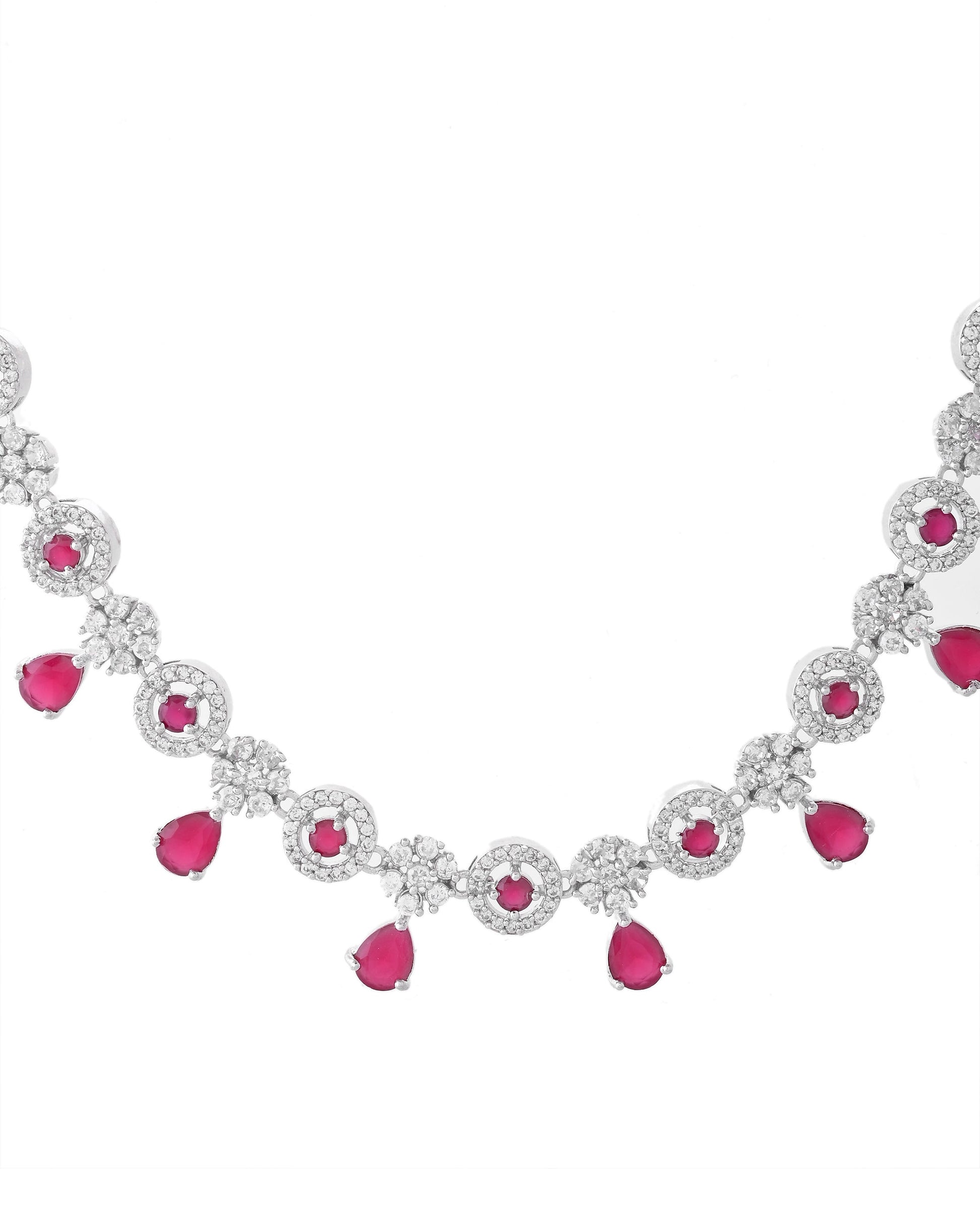 VOJ Silver Plated White And Marron AD Studded Circular Shape Jewellery Set - Swadesiicart