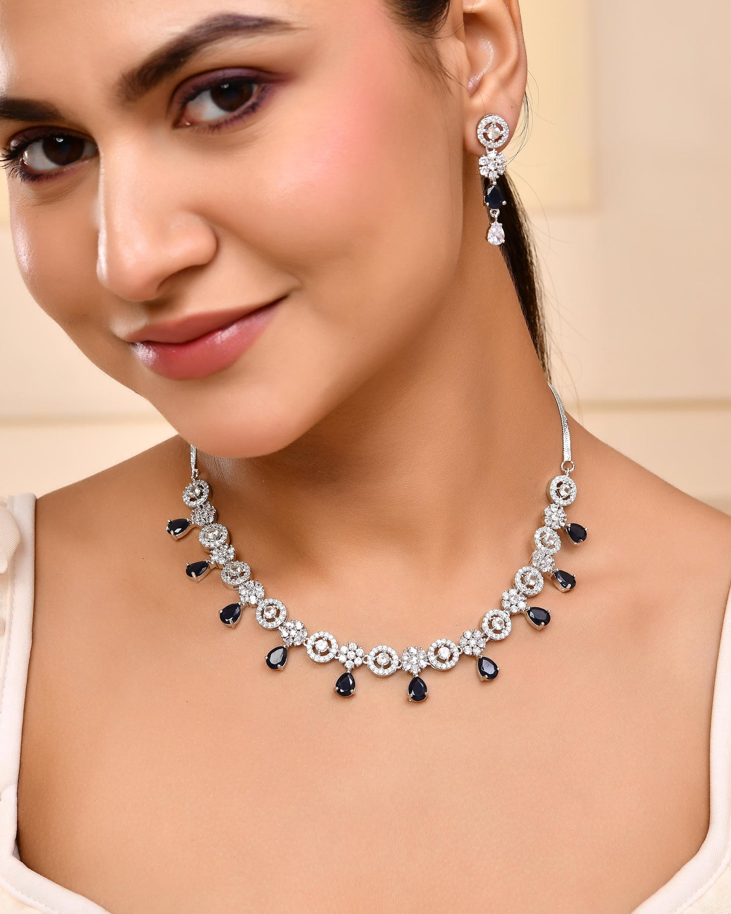 VOJ Silver Plated AD Studded Circular Shape With Black Stones Jewellery Set - Swadesiicart