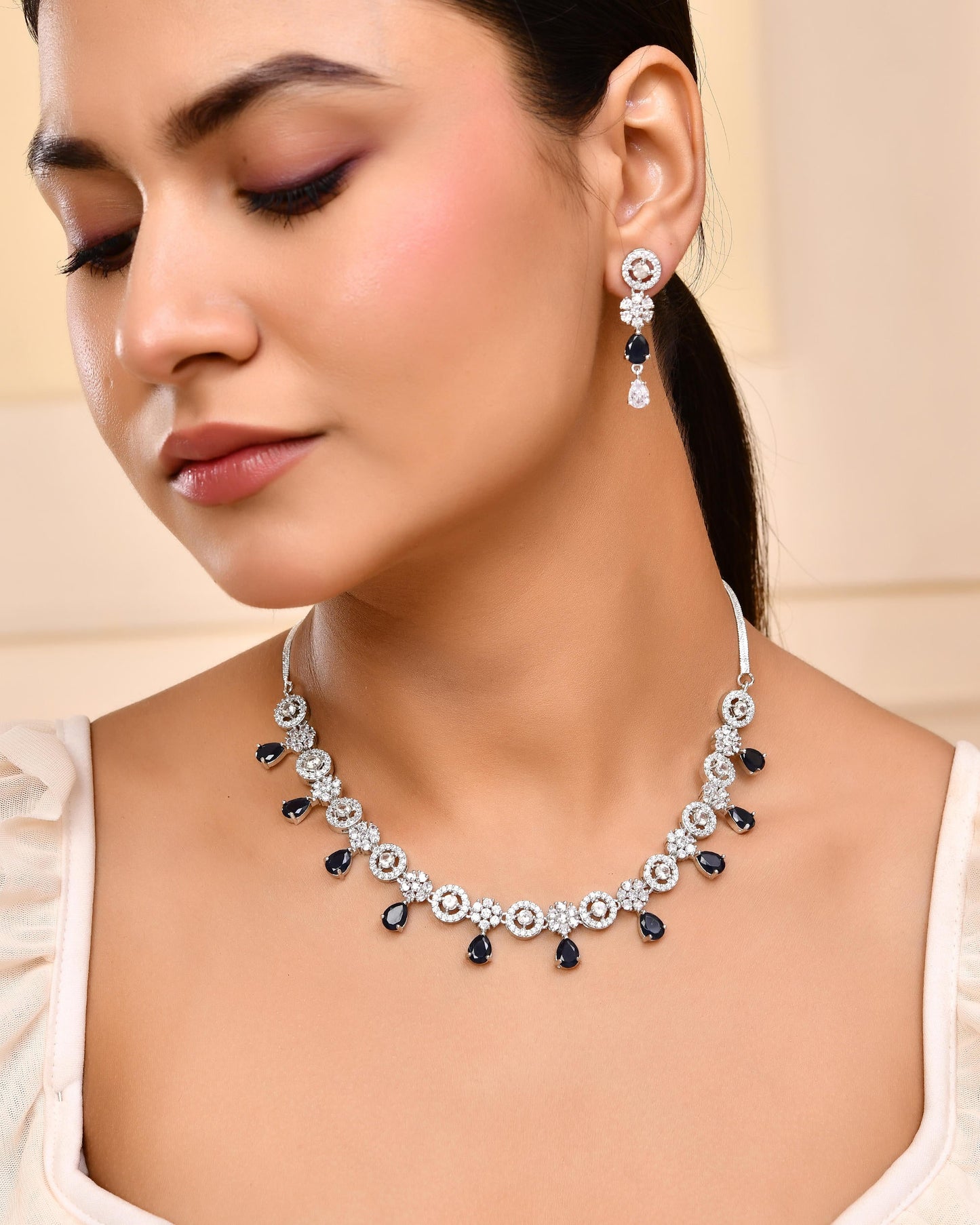 VOJ Silver Plated AD Studded Circular Shape With Black Stones Jewellery Set - Swadesiicart