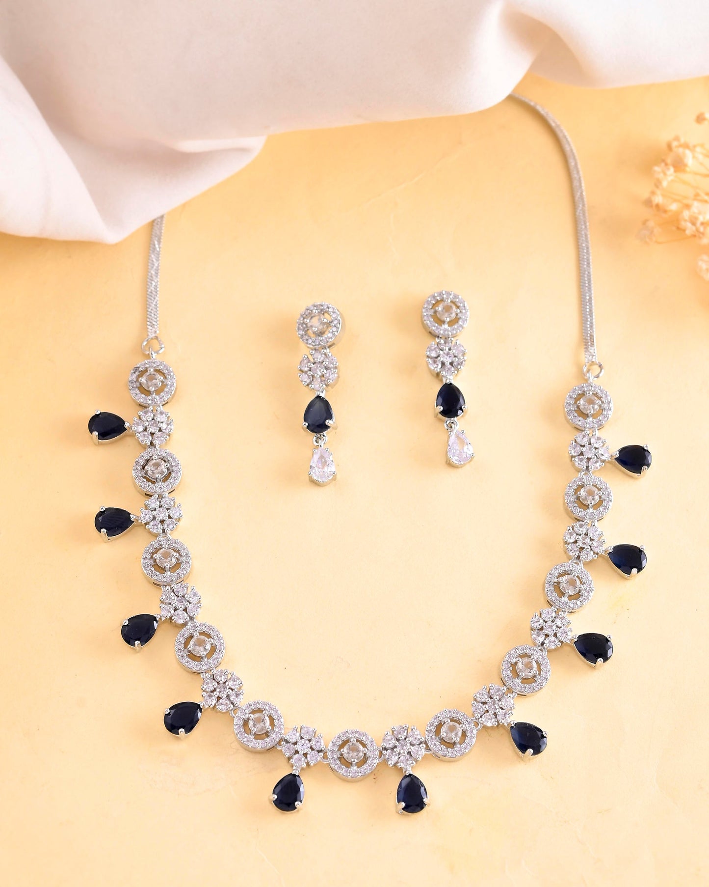 VOJ Silver Plated AD Studded Circular Shape With Black Stones Jewellery Set - Swadesiicart