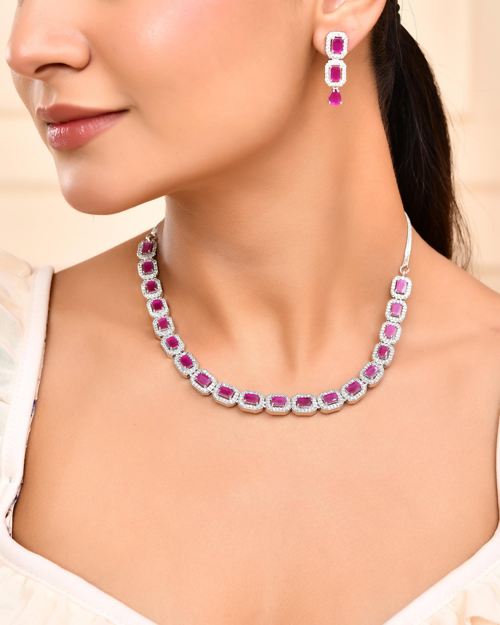 VOJ Silver Plated Pink Stone Studded Rectangular AD Jewellery Set - Swadesiicart