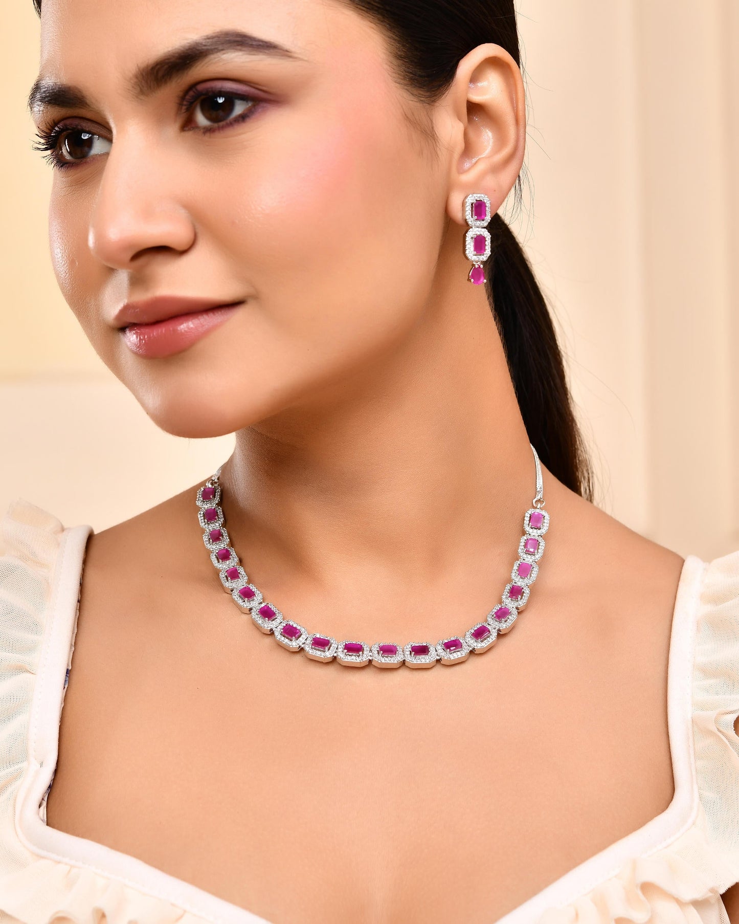 VOJ Silver Plated Pink Stone Studded Rectangular AD Jewellery Set - Swadesiicart