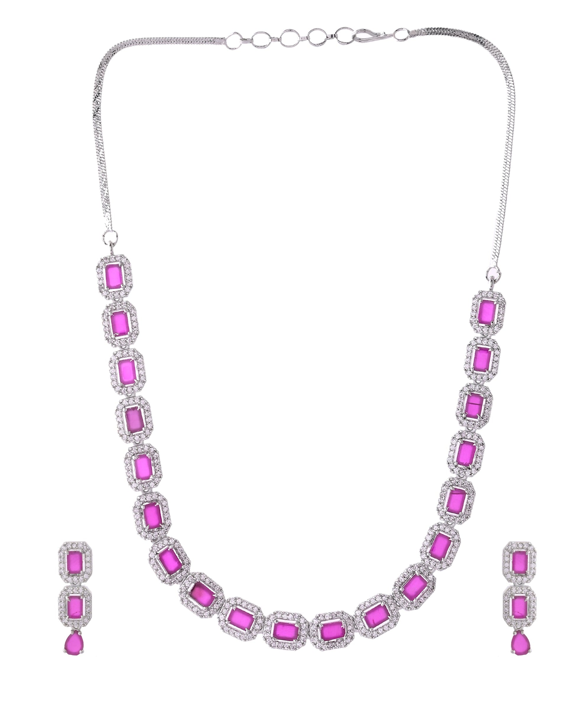 VOJ Silver Plated Pink Stone Studded Rectangular AD Jewellery Set - Swadesiicart