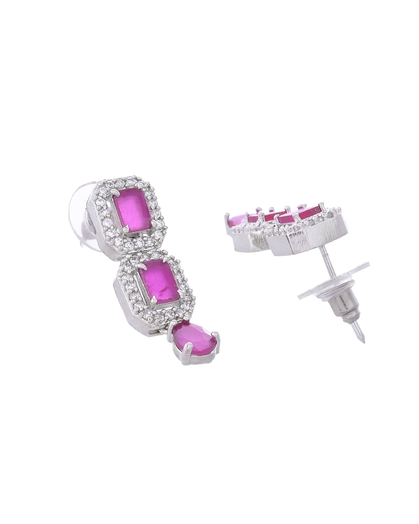 VOJ Silver Plated Pink Stone Studded Rectangular AD Jewellery Set - Swadesiicart