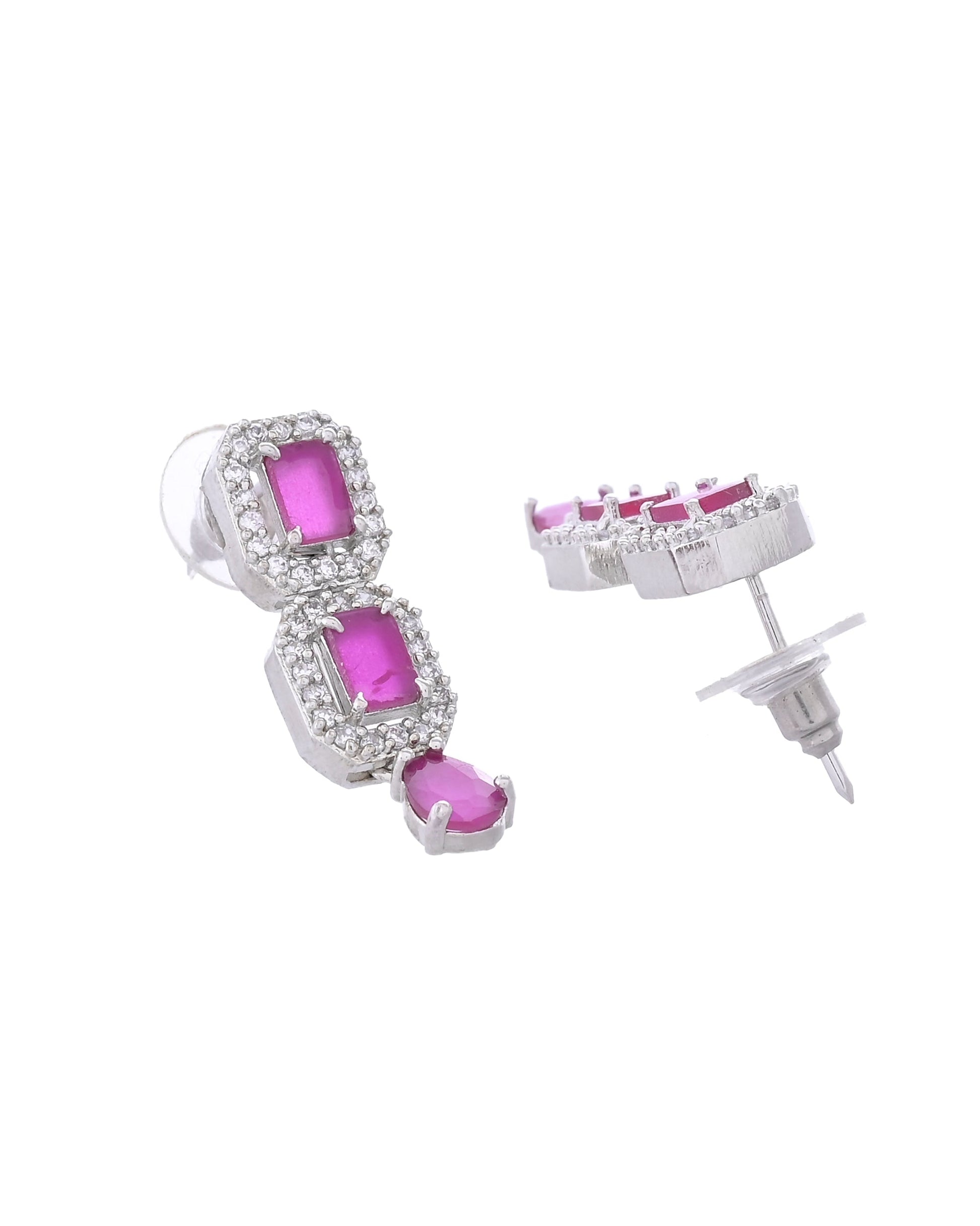 VOJ Silver Plated Pink Stone Studded Rectangular AD Jewellery Set - Swadesiicart