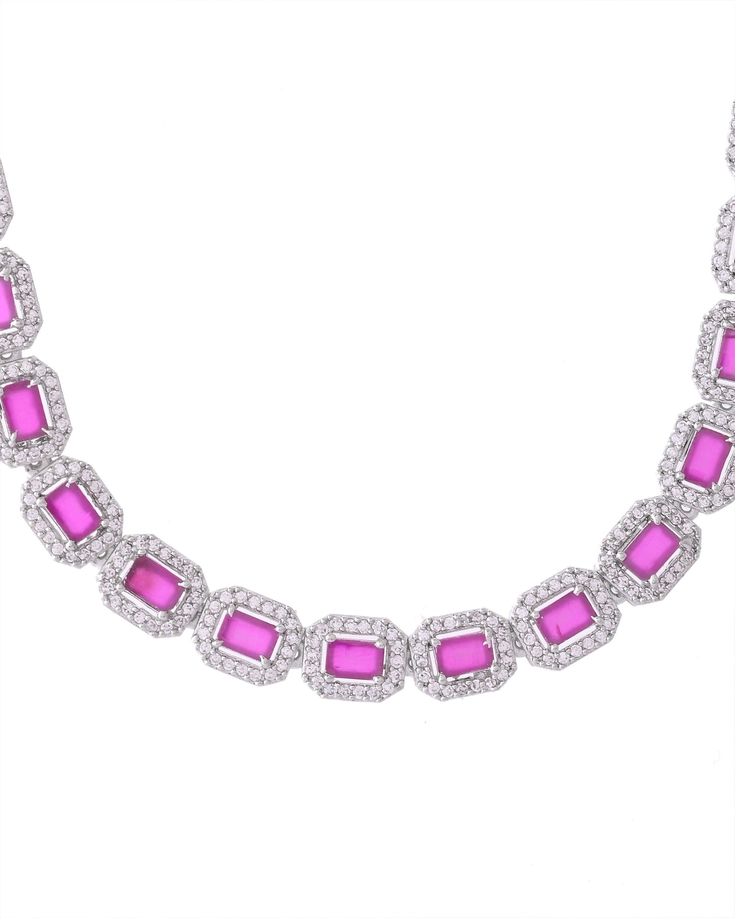 VOJ Silver Plated Pink Stone Studded Rectangular AD Jewellery Set - Swadesiicart