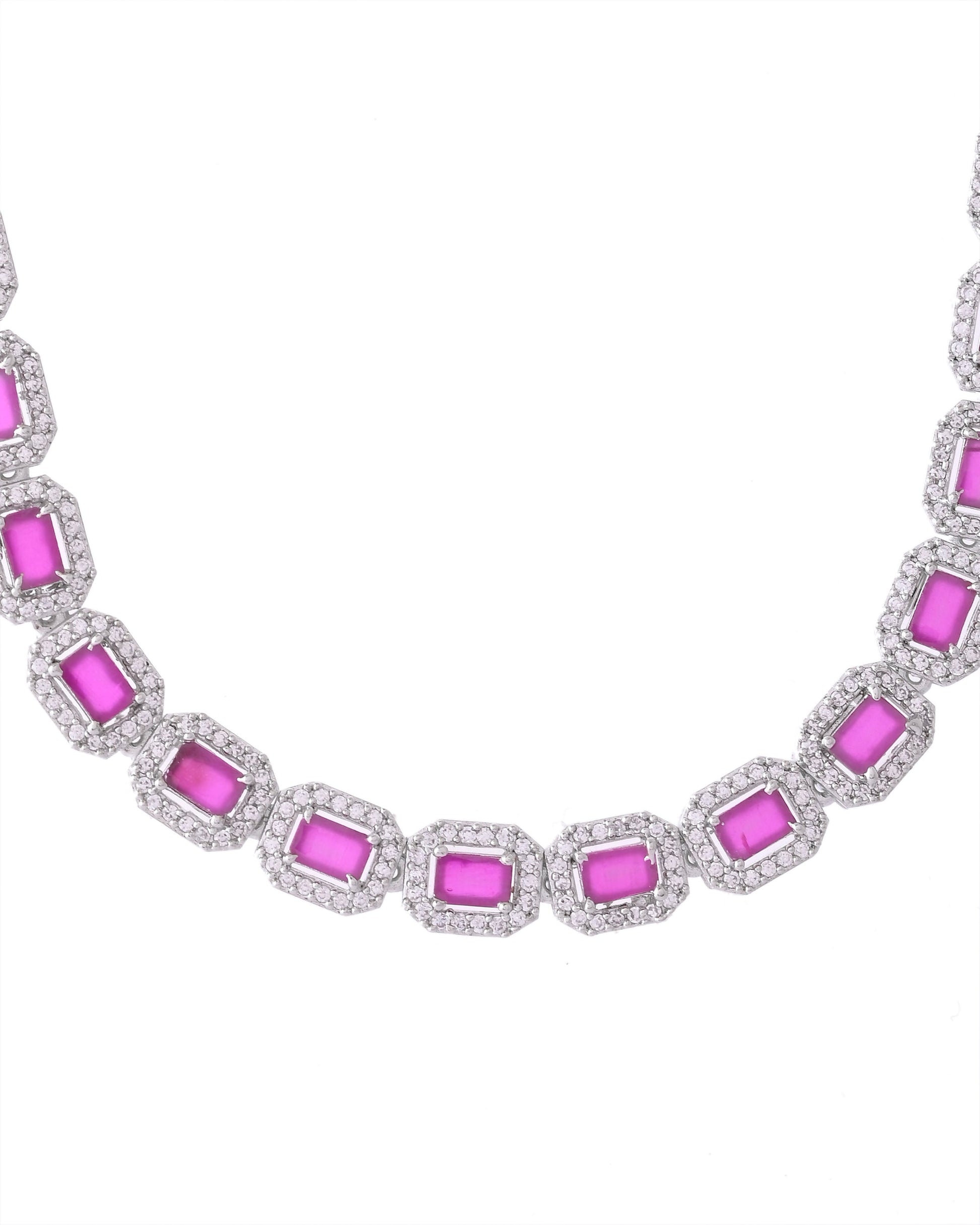 VOJ Silver Plated Pink Stone Studded Rectangular AD Jewellery Set - Swadesiicart