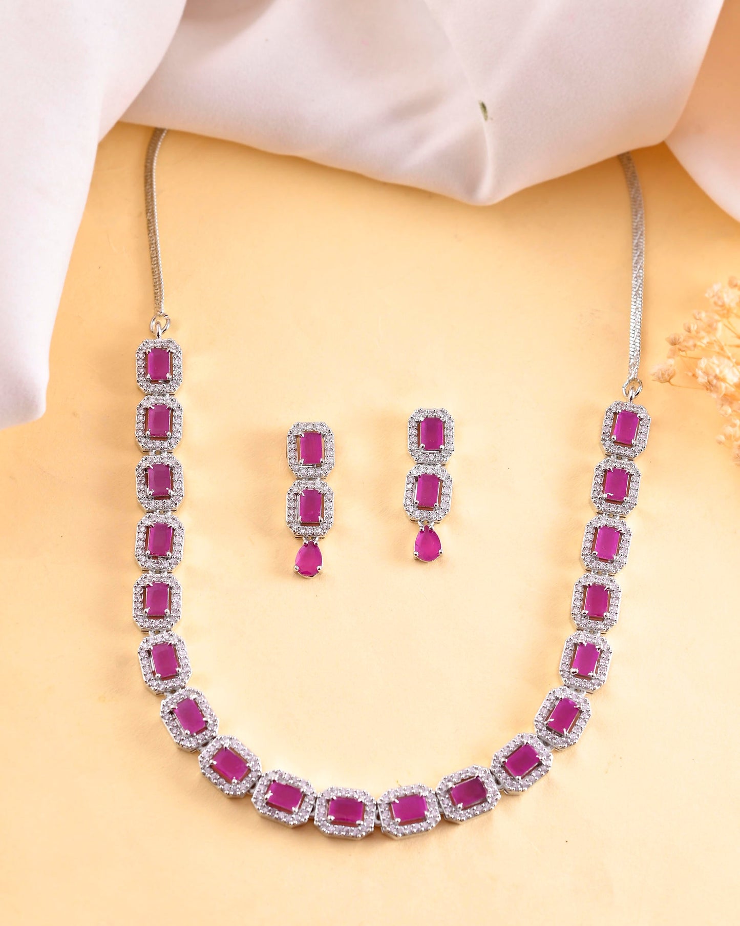 VOJ Silver Plated Pink Stone Studded Rectangular AD Jewellery Set - Swadesiicart