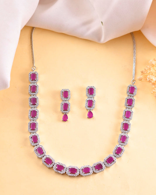 VOJ Silver Plated Pink Stone Studded Rectangular AD Jewellery Set - Swadesiicart