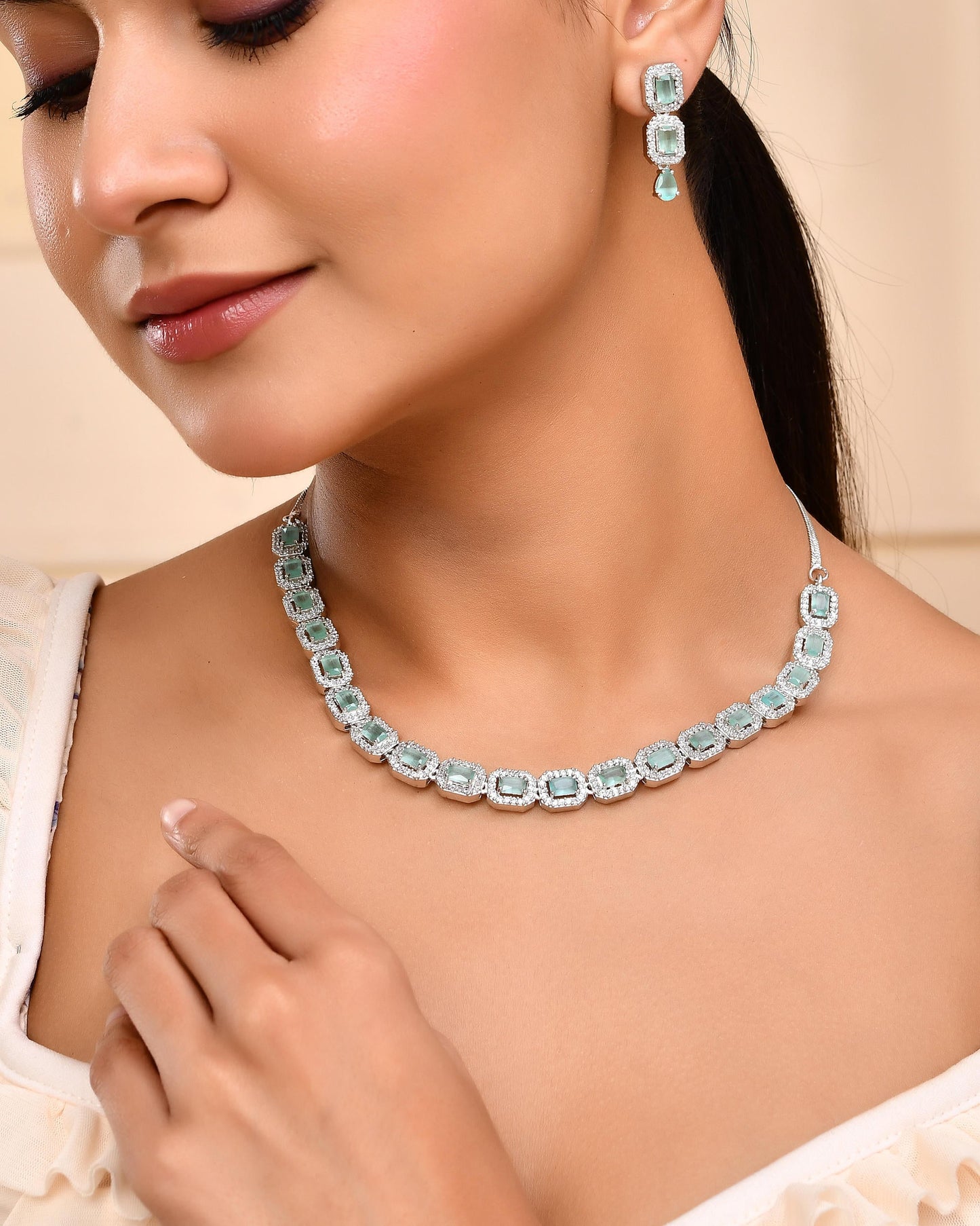 VOJ Silver Plated Sea Green Stone Studded Rectangular AD Jewellery Set - Swadesiicart