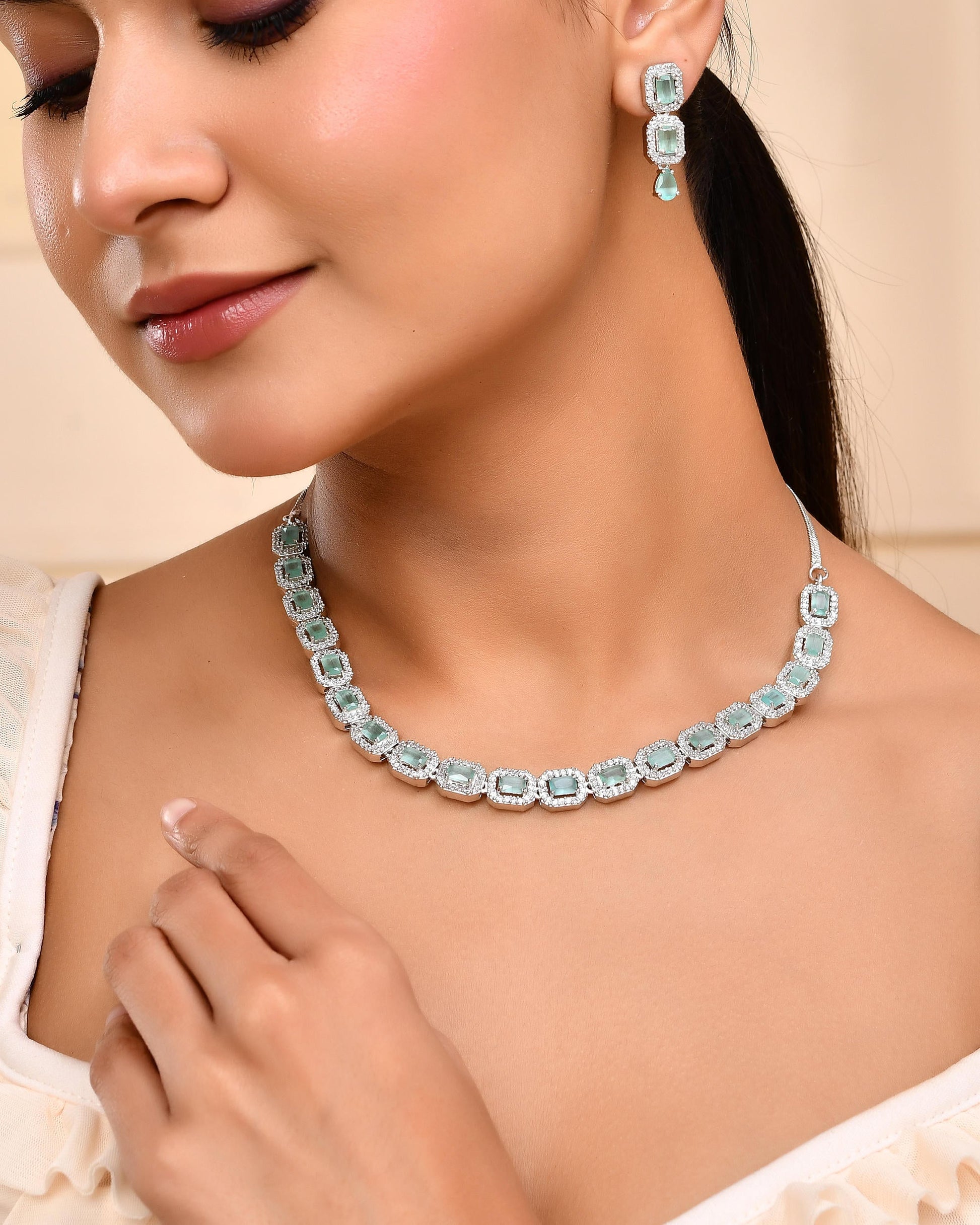 VOJ Silver Plated Sea Green Stone Studded Rectangular AD Jewellery Set - Swadesiicart