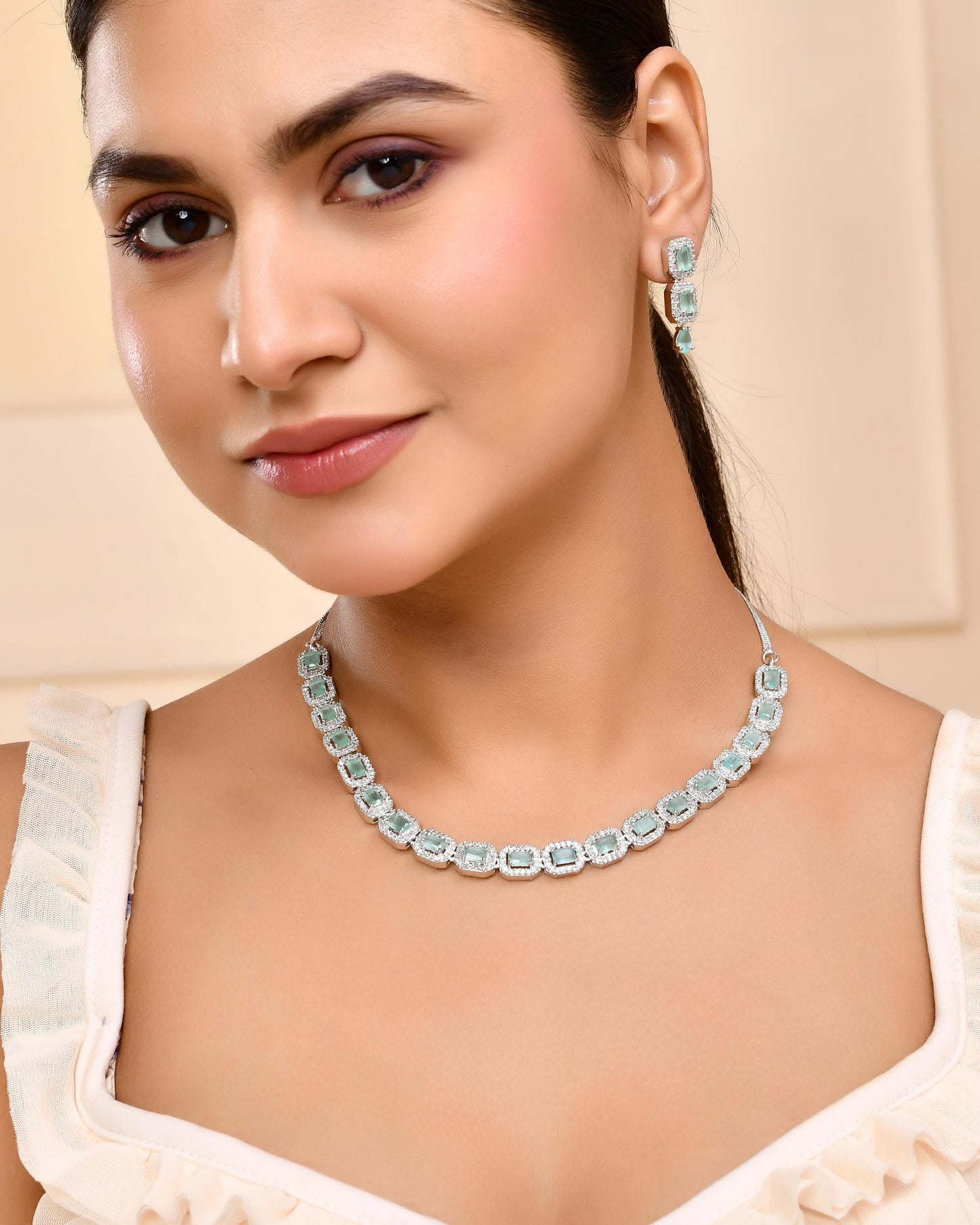 VOJ Silver Plated Sea Green Stone Studded Rectangular AD Jewellery Set - Swadesiicart