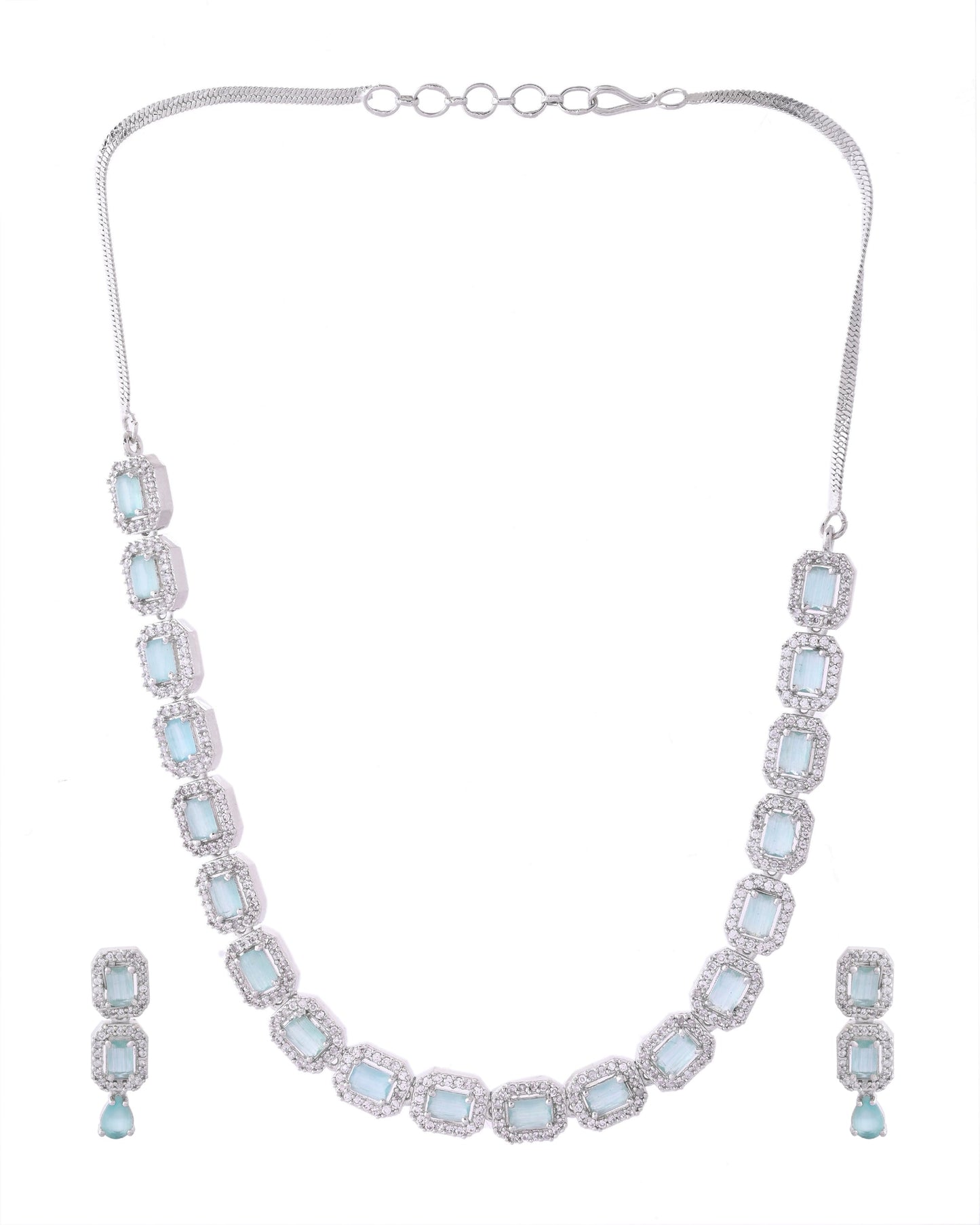 VOJ Silver Plated Sea Green Stone Studded Rectangular AD Jewellery Set - Swadesiicart