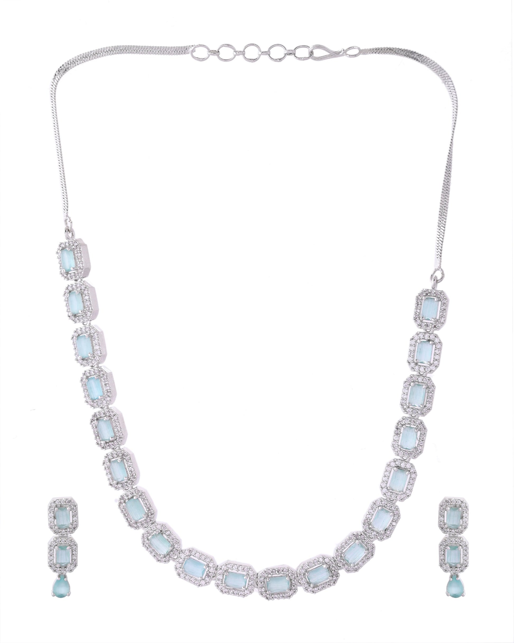 VOJ Silver Plated Sea Green Stone Studded Rectangular AD Jewellery Set - Swadesiicart