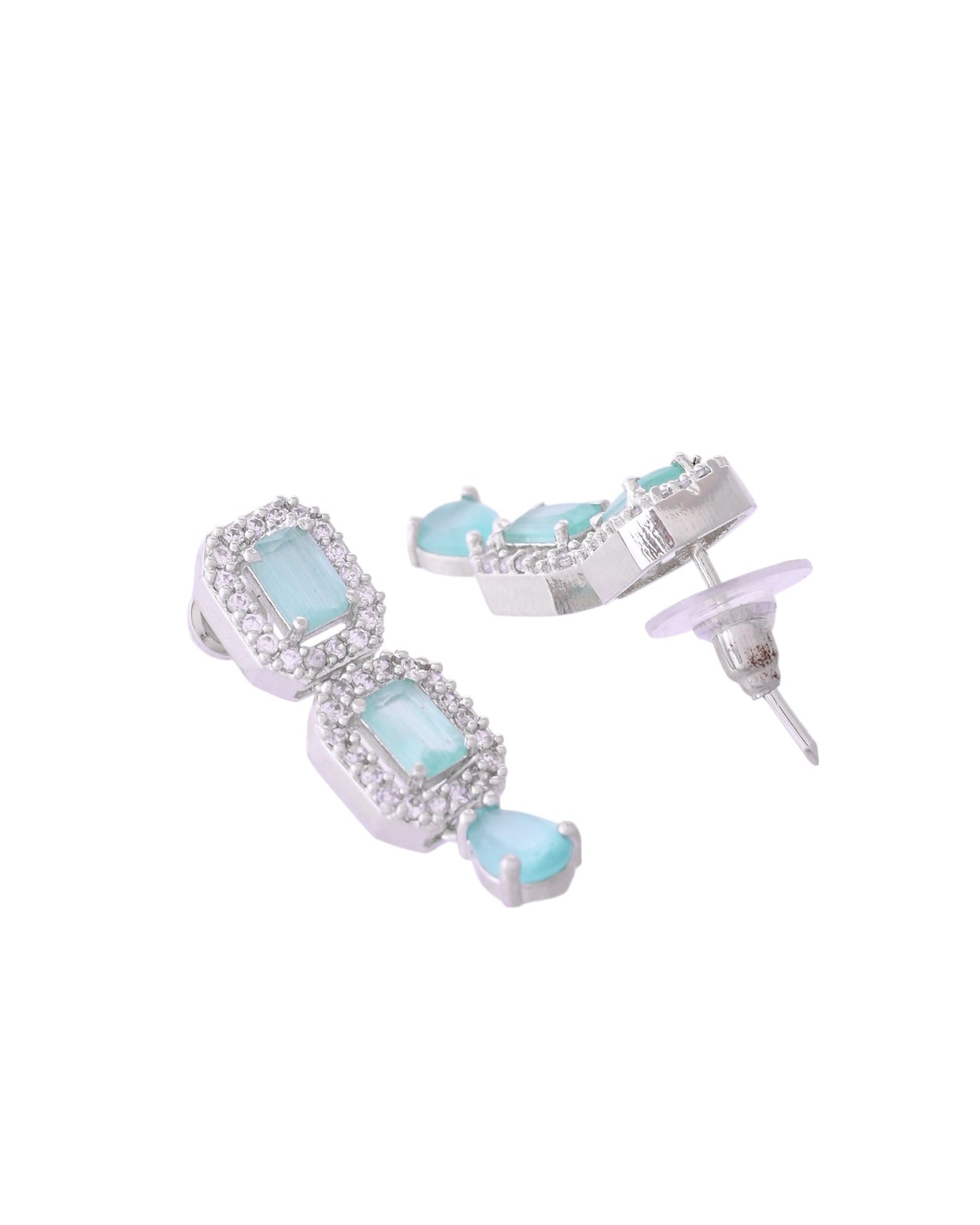 VOJ Silver Plated Sea Green Stone Studded Rectangular AD Jewellery Set - Swadesiicart