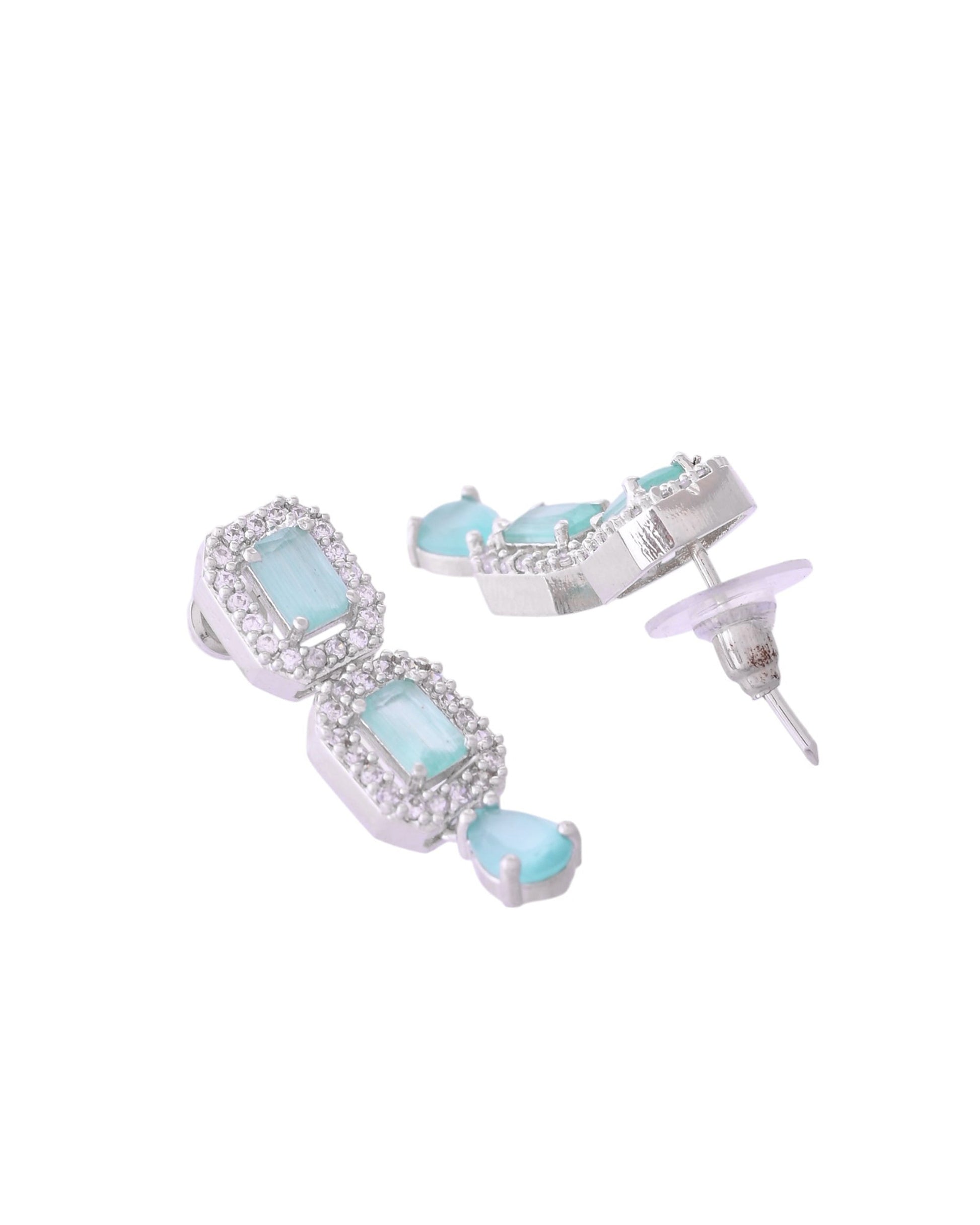 VOJ Silver Plated Sea Green Stone Studded Rectangular AD Jewellery Set - Swadesiicart
