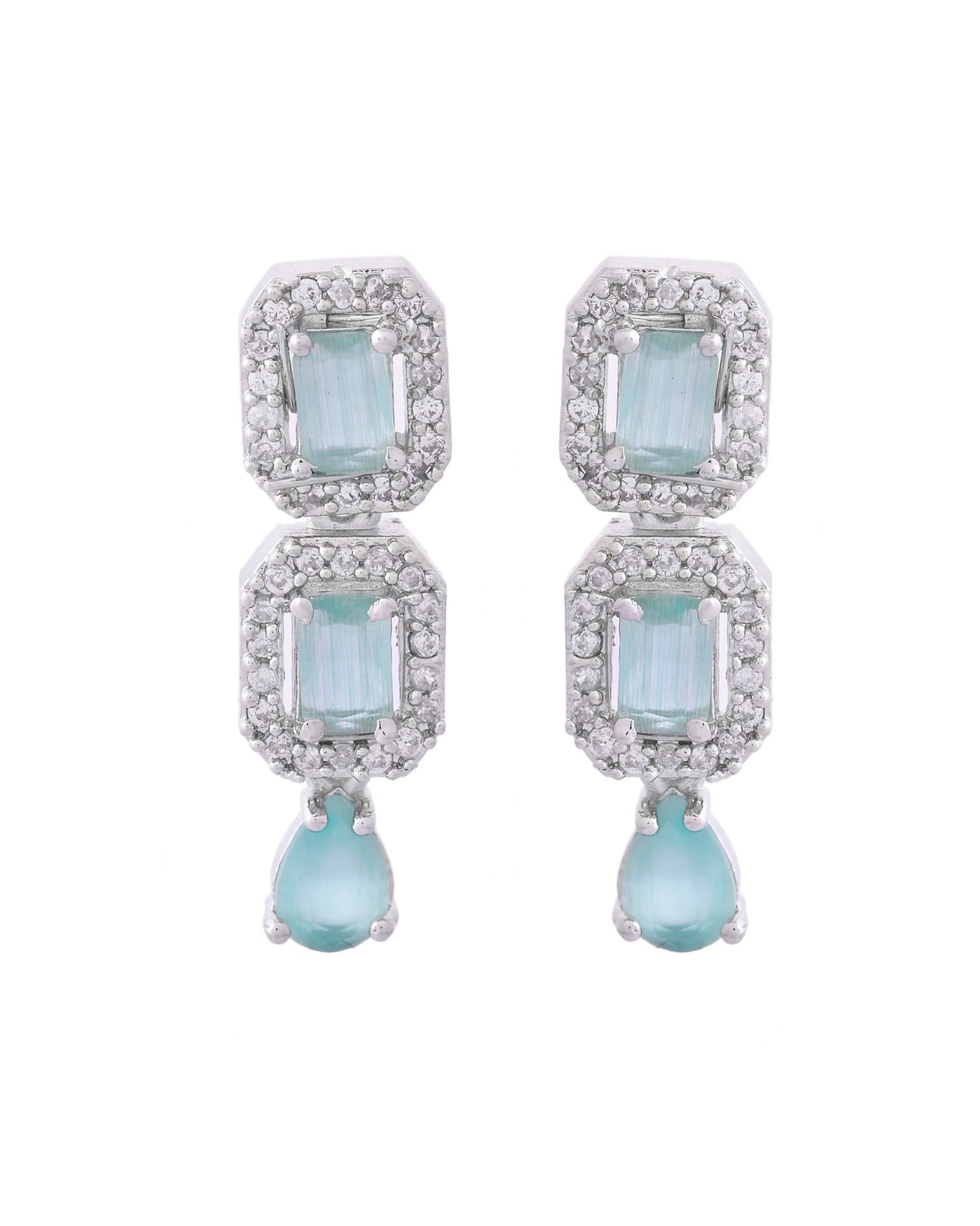 VOJ Silver Plated Sea Green Stone Studded Rectangular AD Jewellery Set - Swadesiicart