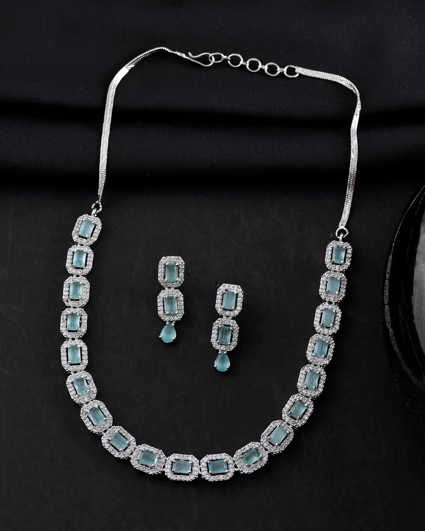 VOJ Silver Plated Sea Green Stone Studded Rectangular AD Jewellery Set - Swadesiicart