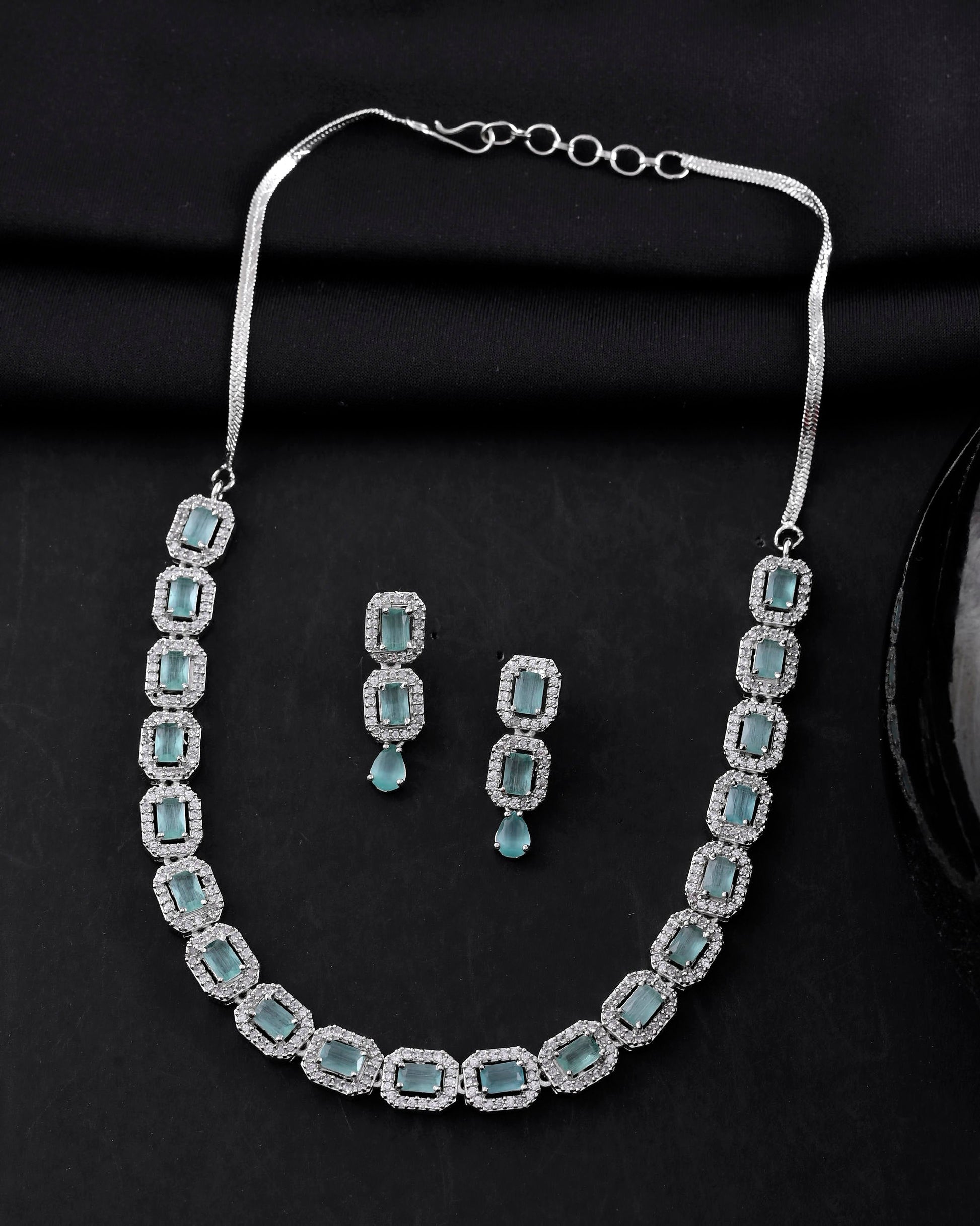 VOJ Silver Plated Sea Green Stone Studded Rectangular AD Jewellery Set - Swadesiicart