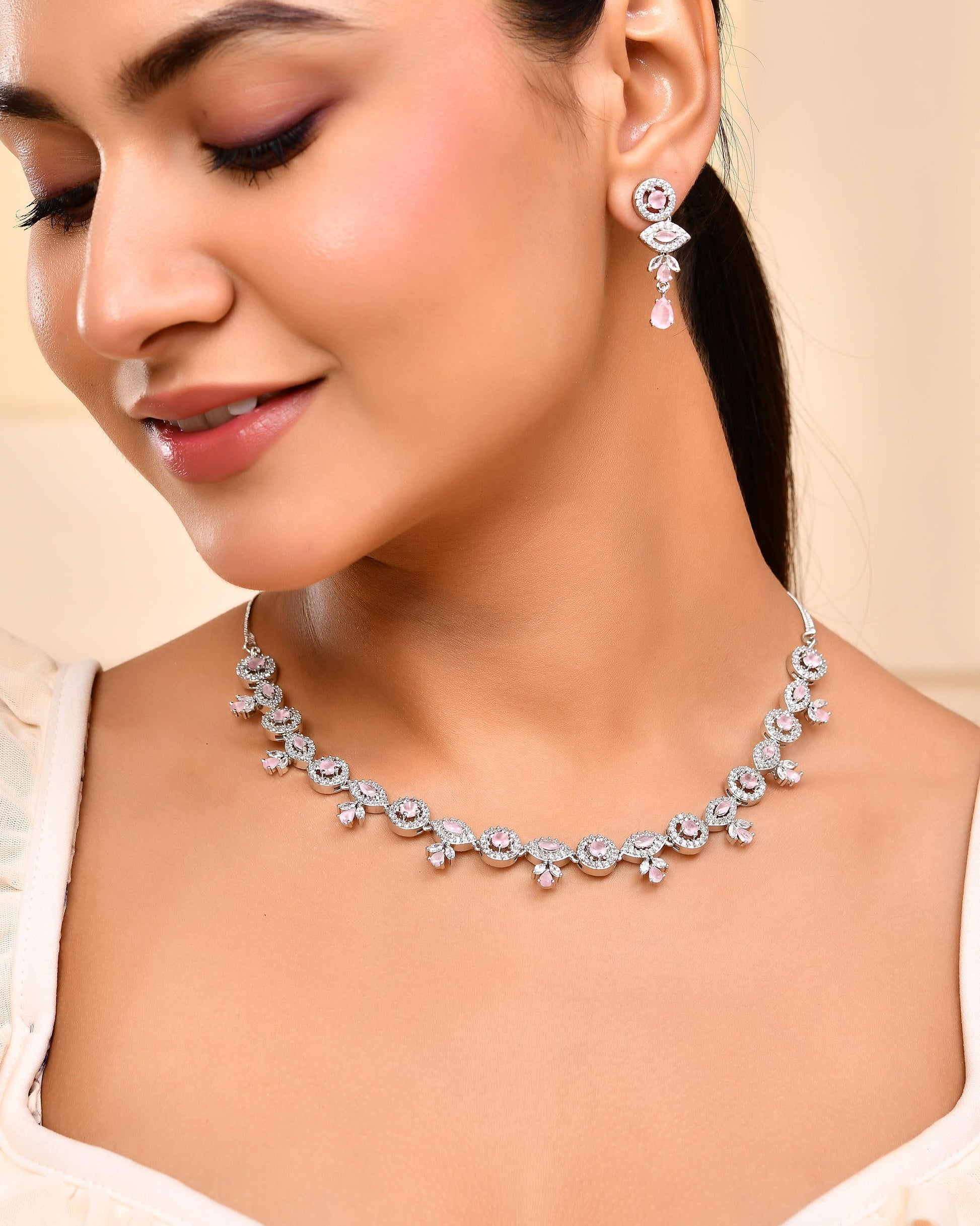VOJ Silver Toned White And Baby Pink Stone Studded AD Jewellery Set - Swadesiicart