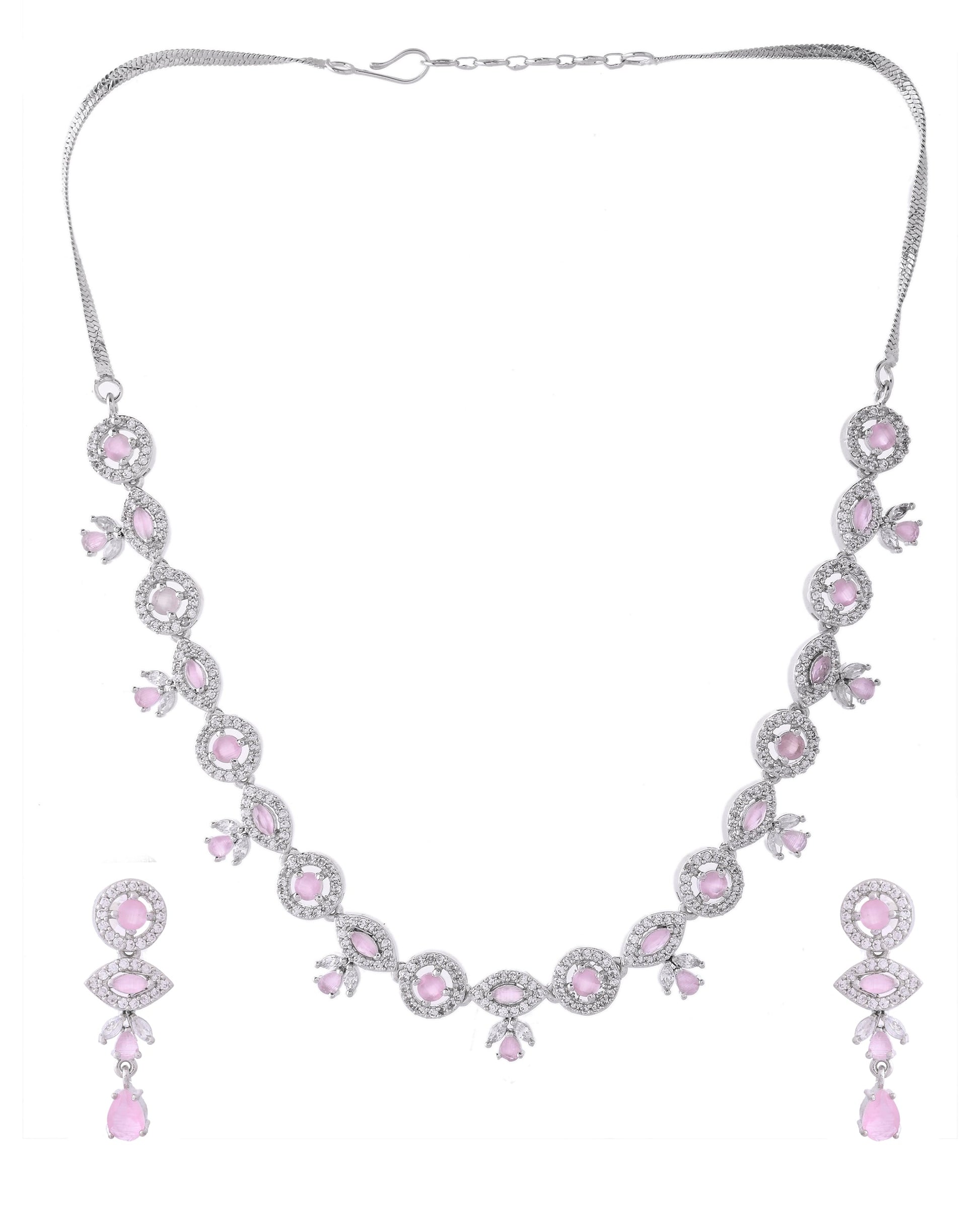 VOJ Silver Toned White And Baby Pink Stone Studded AD Jewellery Set - Swadesiicart