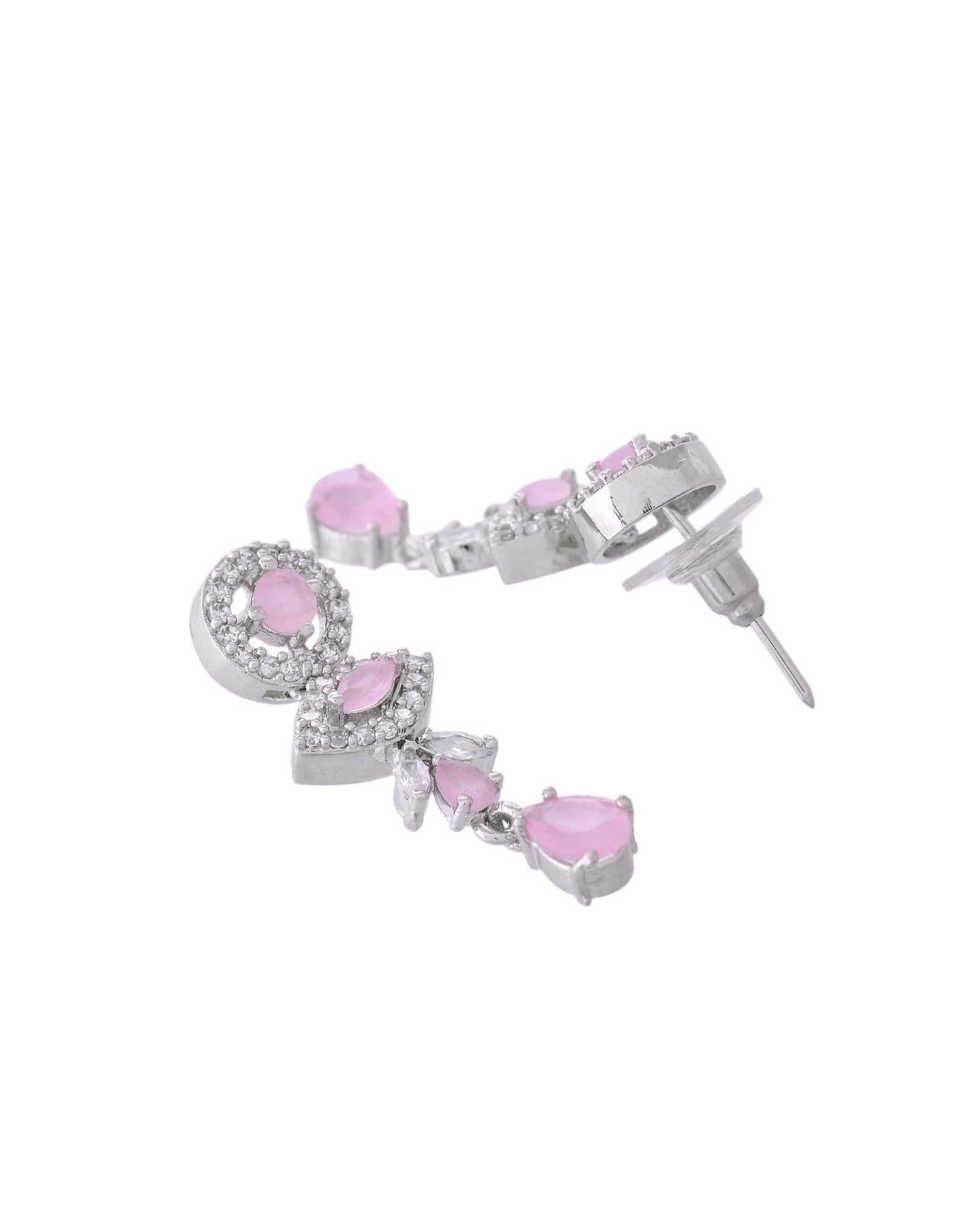 VOJ Silver Toned White And Baby Pink Stone Studded AD Jewellery Set - Swadesiicart