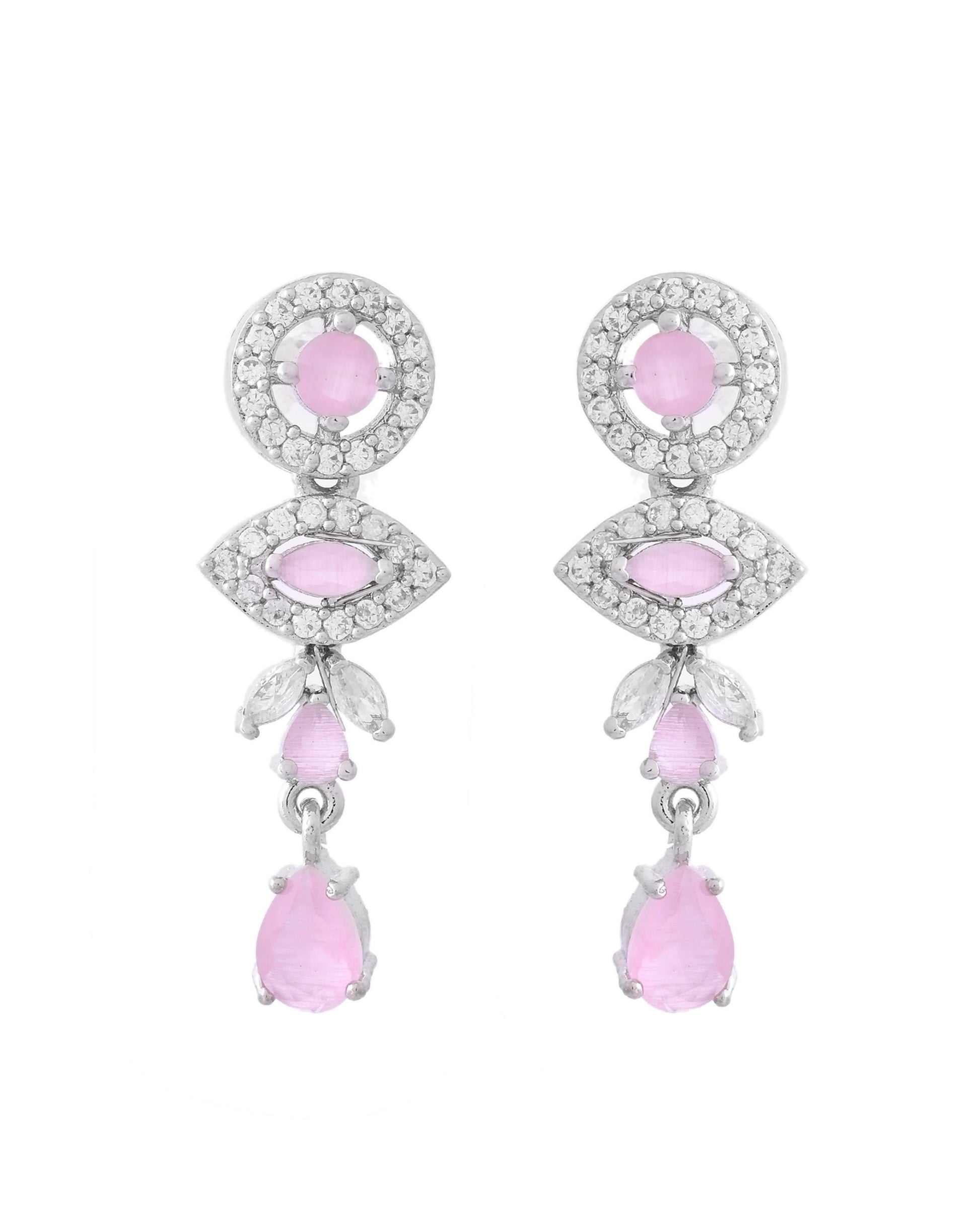 VOJ Silver Toned White And Baby Pink Stone Studded AD Jewellery Set - Swadesiicart