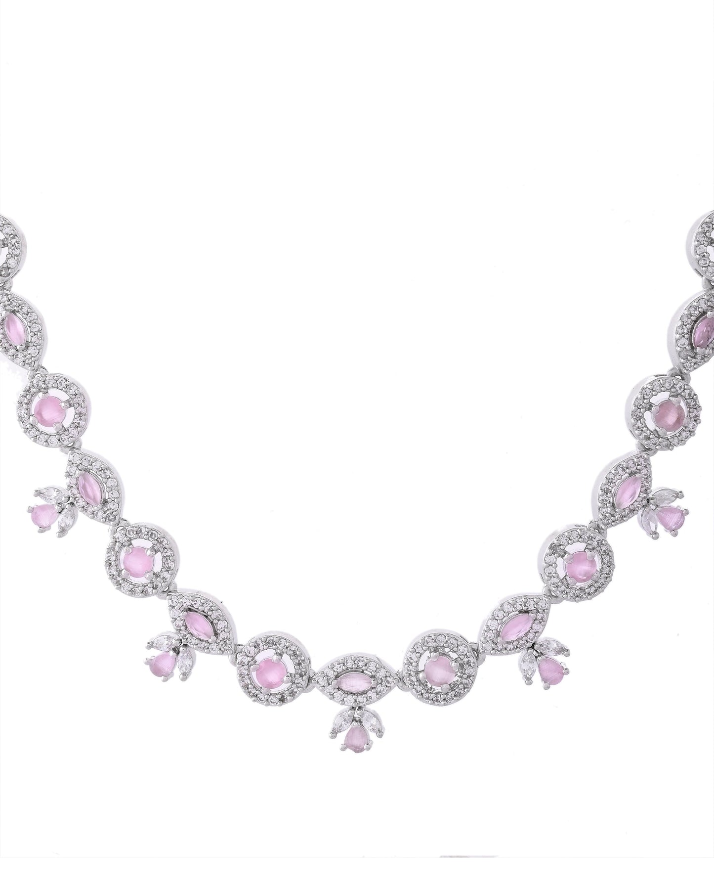 VOJ Silver Toned White And Baby Pink Stone Studded AD Jewellery Set - Swadesiicart