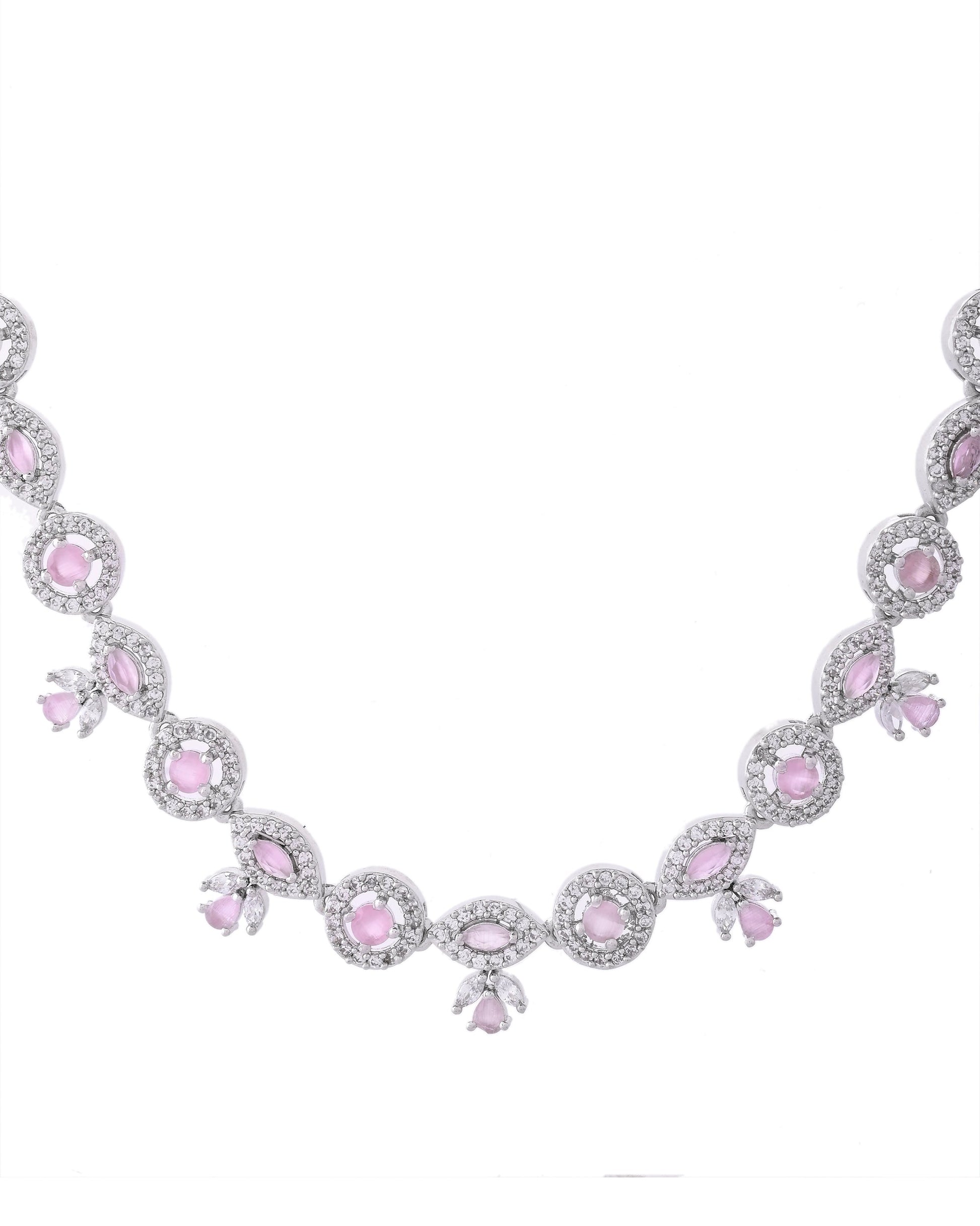 VOJ Silver Toned White And Baby Pink Stone Studded AD Jewellery Set - Swadesiicart