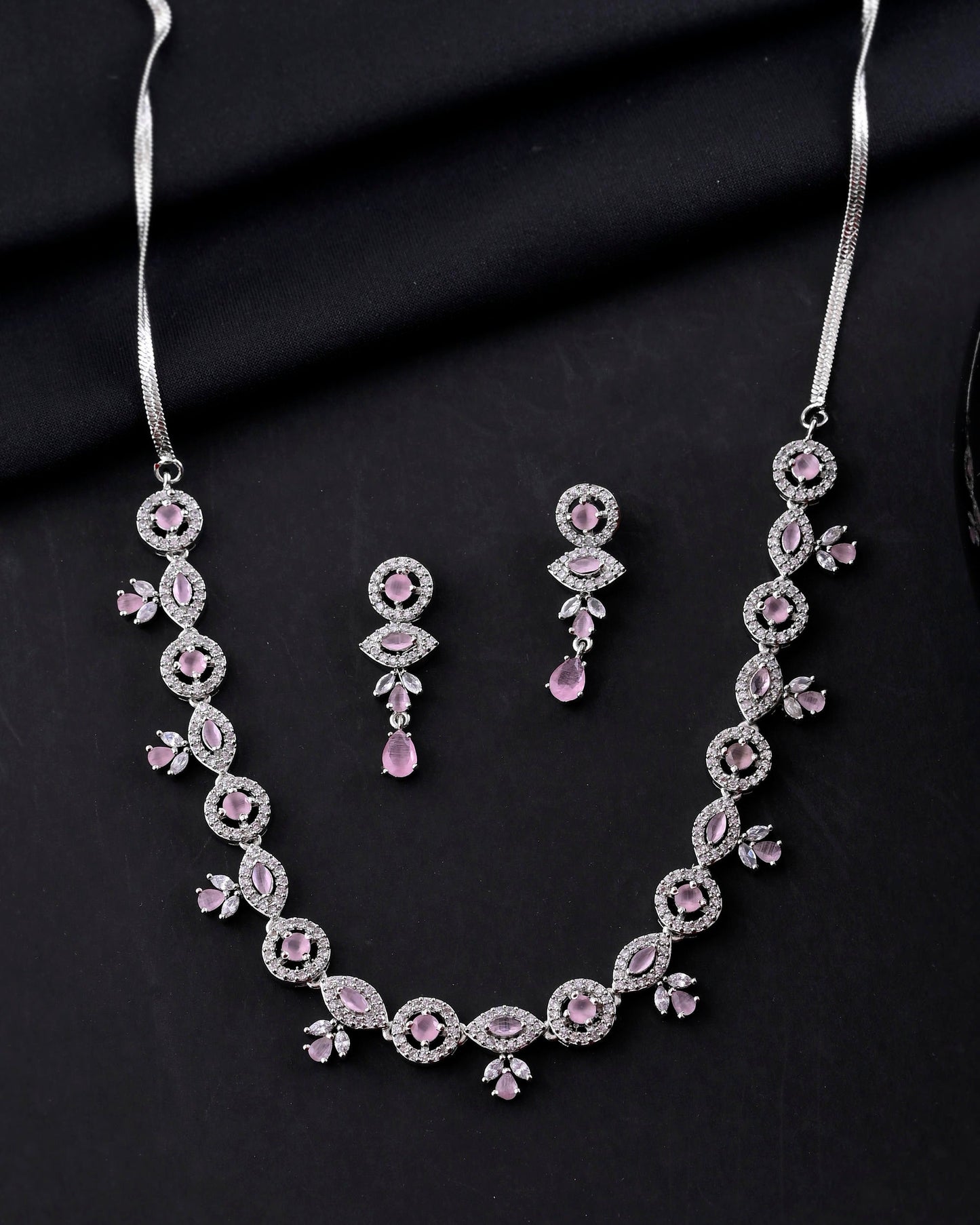 VOJ Silver Toned White And Baby Pink Stone Studded AD Jewellery Set - Swadesiicart