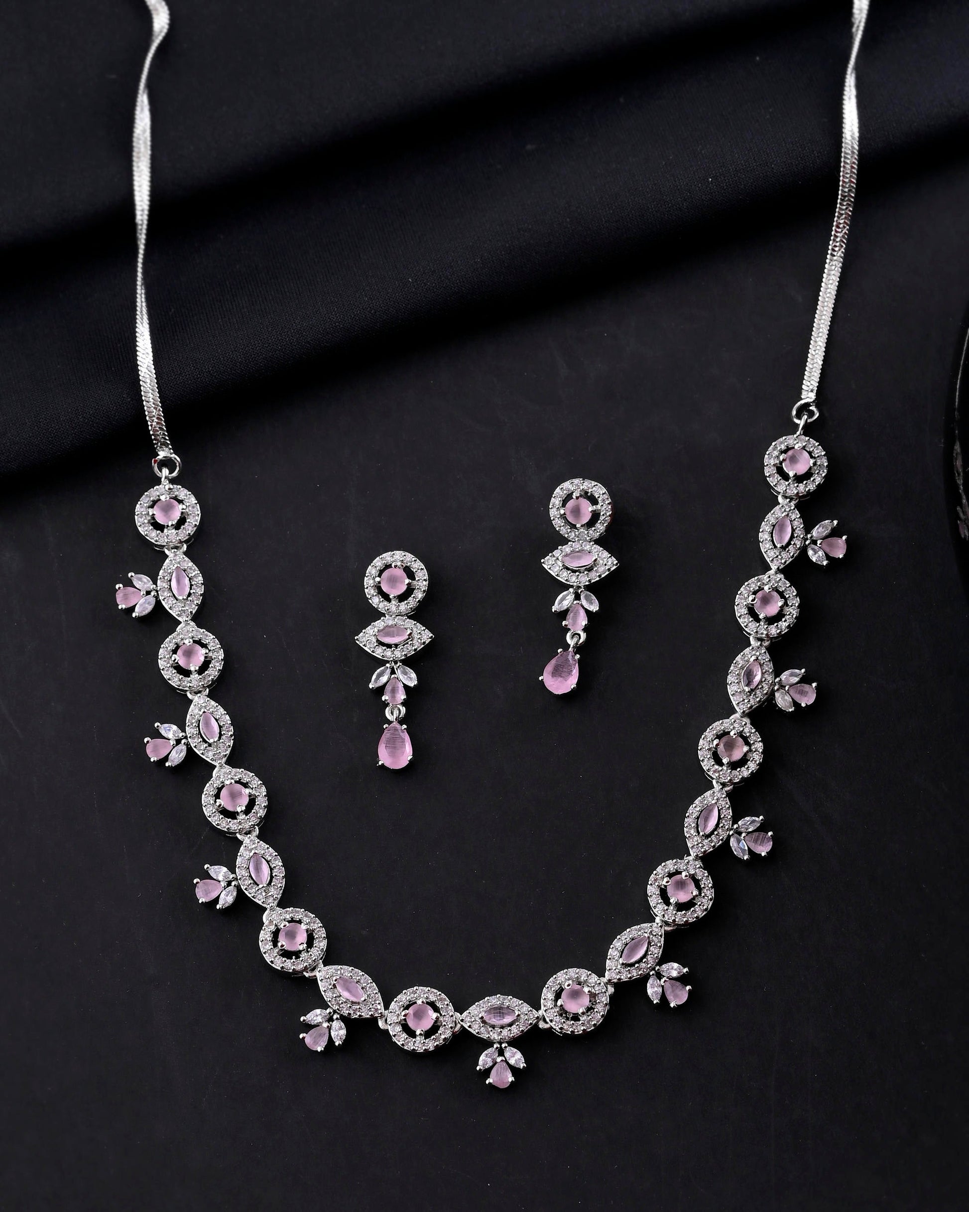 VOJ Silver Toned White And Baby Pink Stone Studded AD Jewellery Set - Swadesiicart