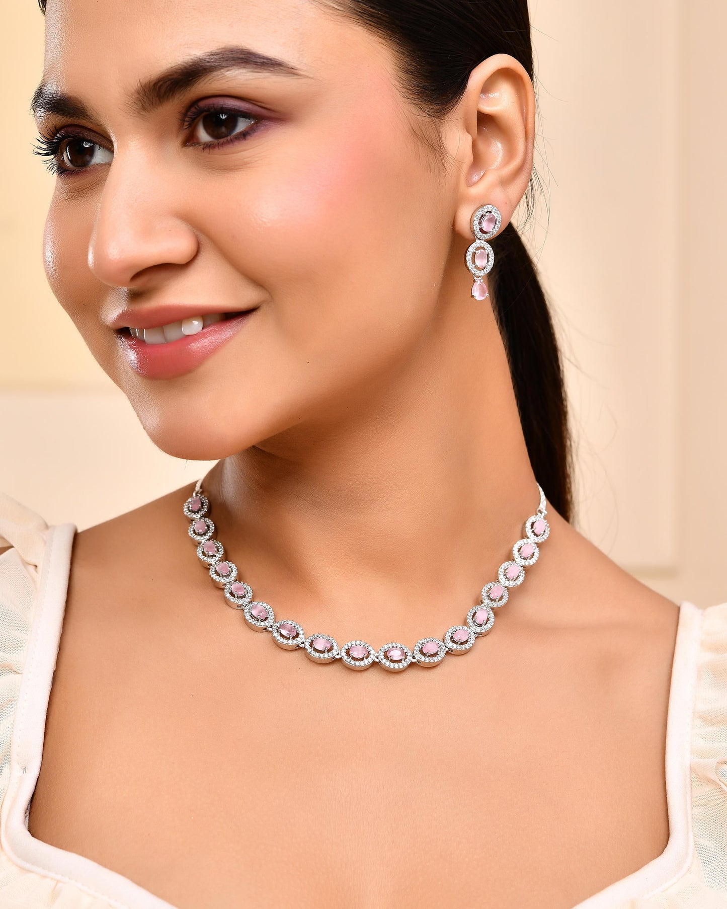 VOJ Silver Toned Baby Pink Stone Studded Circular AD Jewellery Set - Swadesiicart
