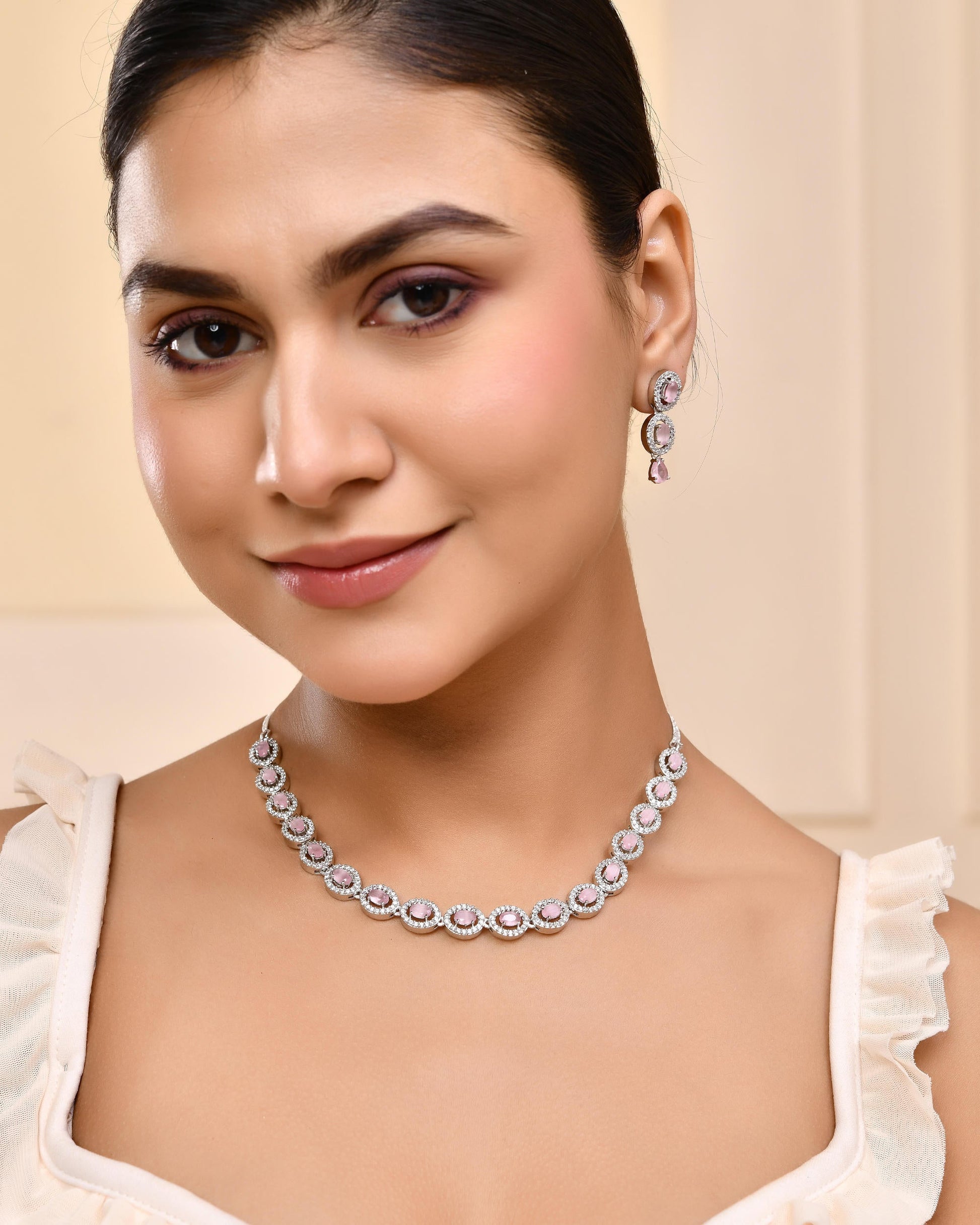 VOJ Silver Toned Baby Pink Stone Studded Circular AD Jewellery Set - Swadesiicart