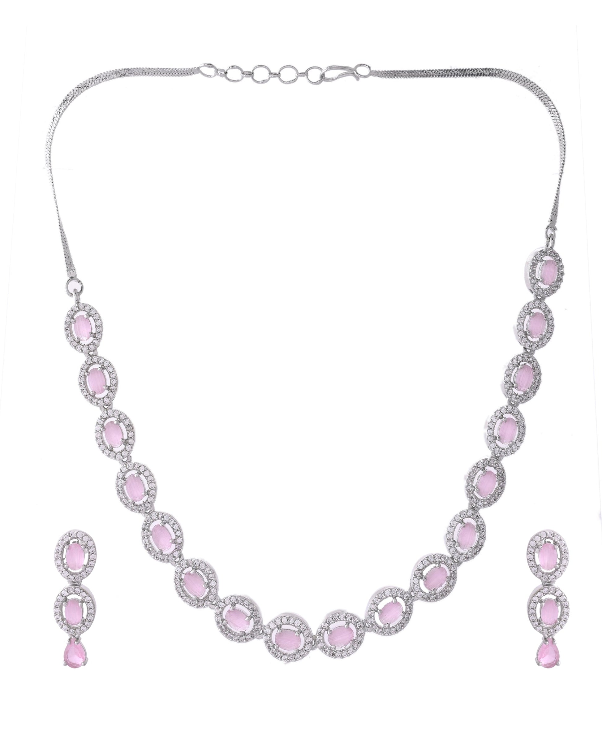 VOJ Silver Toned Baby Pink Stone Studded Circular AD Jewellery Set - Swadesiicart