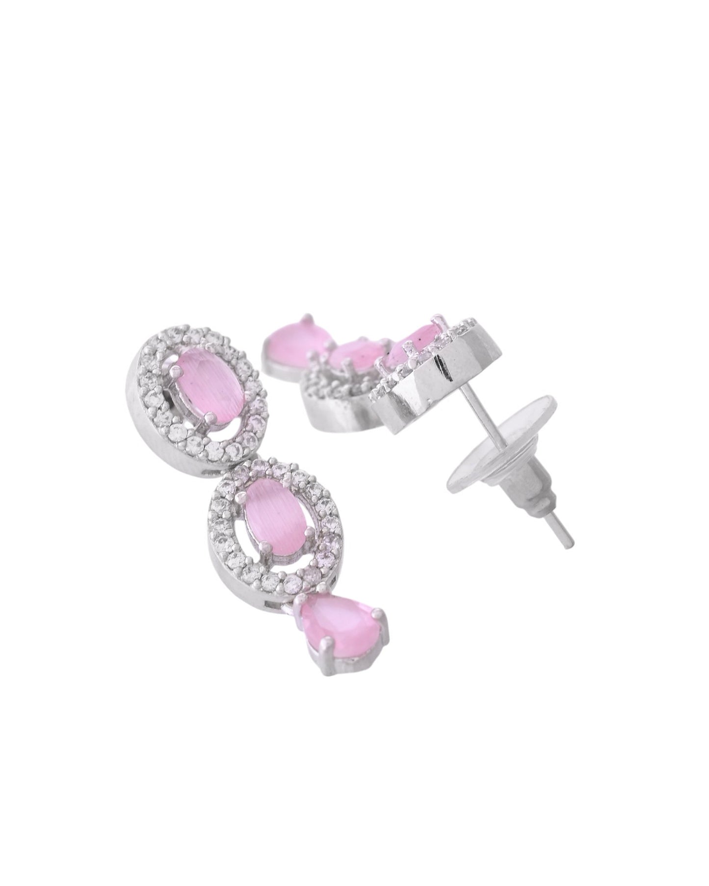 VOJ Silver Toned Baby Pink Stone Studded Circular AD Jewellery Set - Swadesiicart