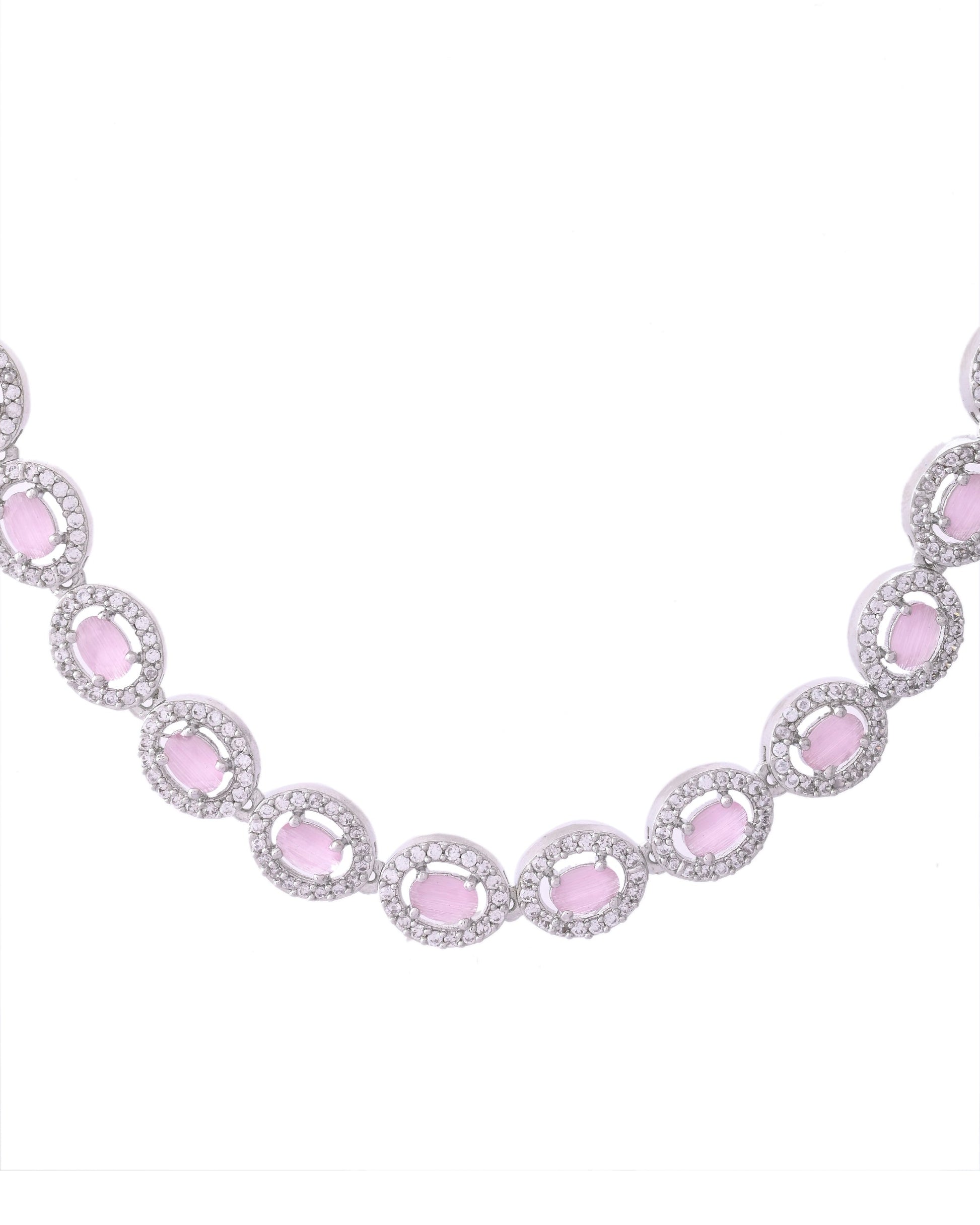 VOJ Silver Toned Baby Pink Stone Studded Circular AD Jewellery Set - Swadesiicart