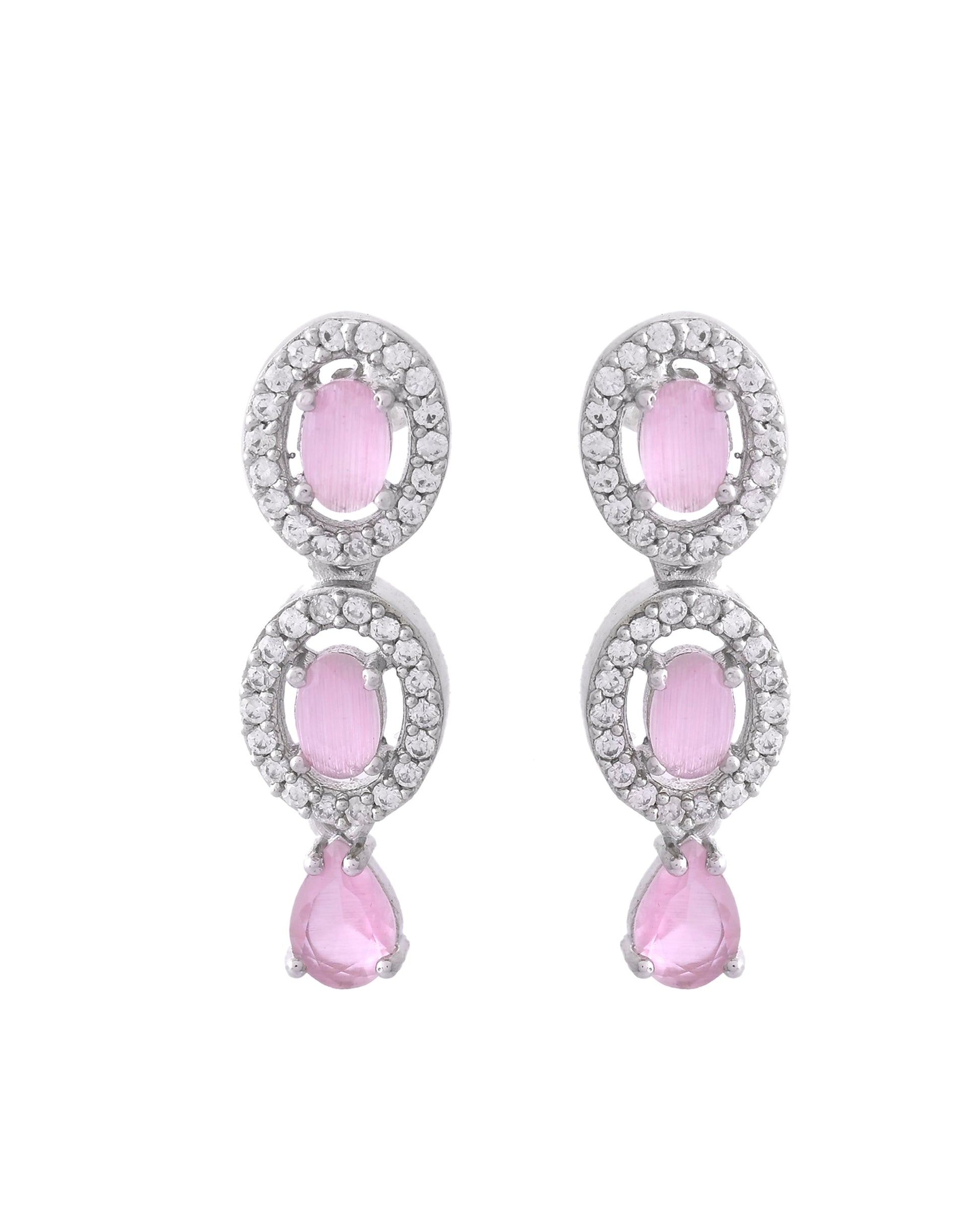 VOJ Silver Toned Baby Pink Stone Studded Circular AD Jewellery Set - Swadesiicart