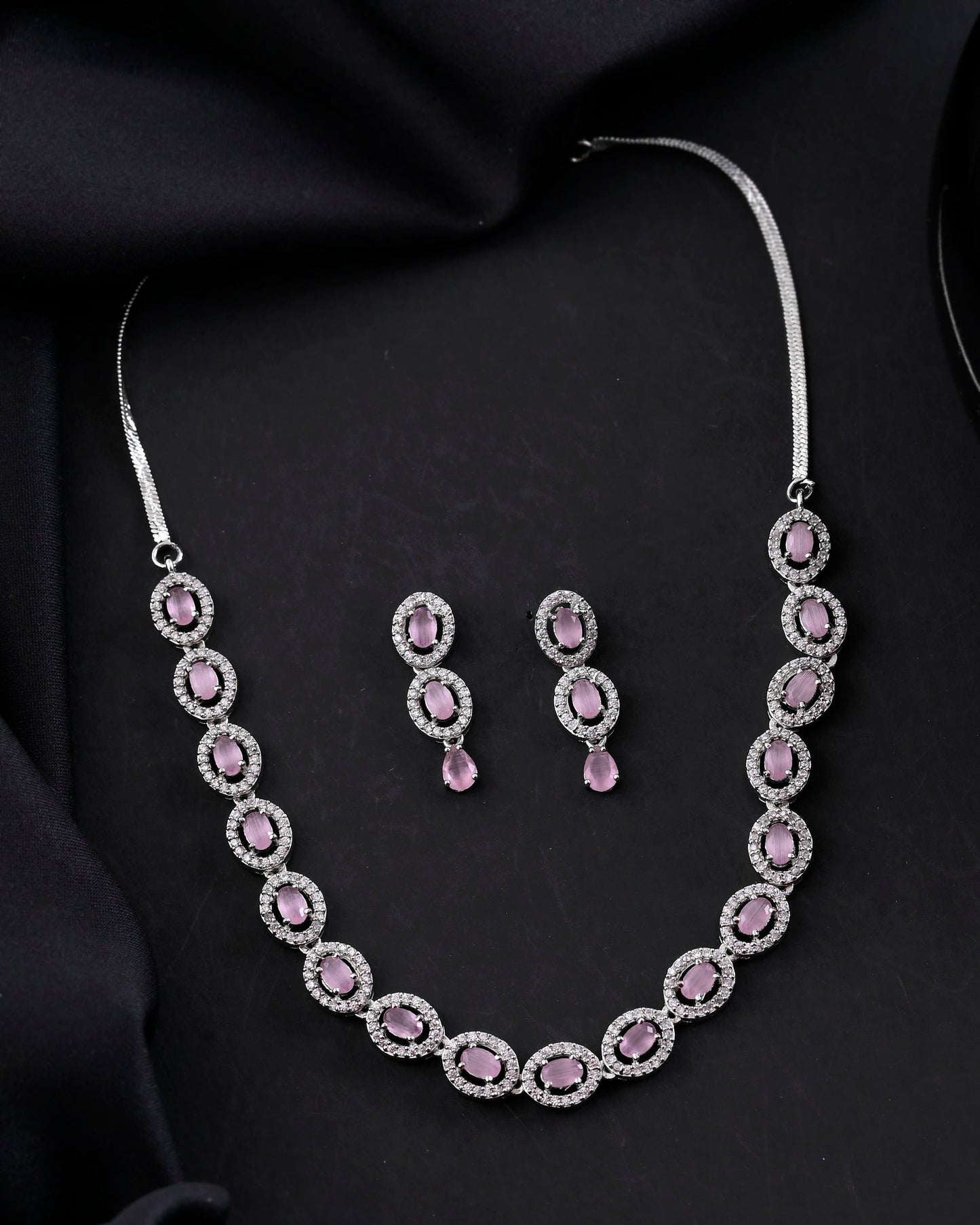 VOJ Silver Toned Baby Pink Stone Studded Circular AD Jewellery Set - Swadesiicart