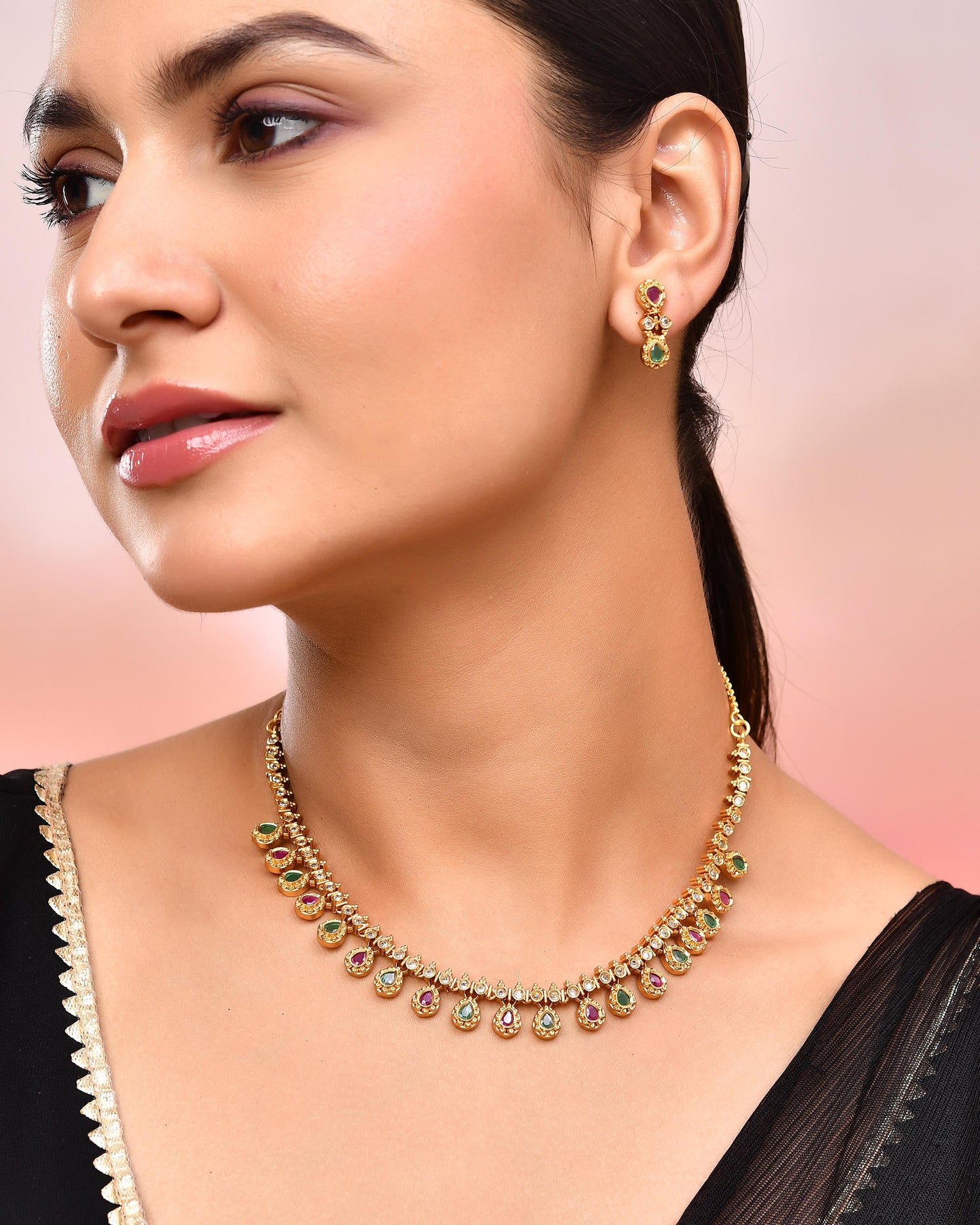 VOJ Gold Toned AD Stone Studded Classic Jewellery Set - Swadesiicart