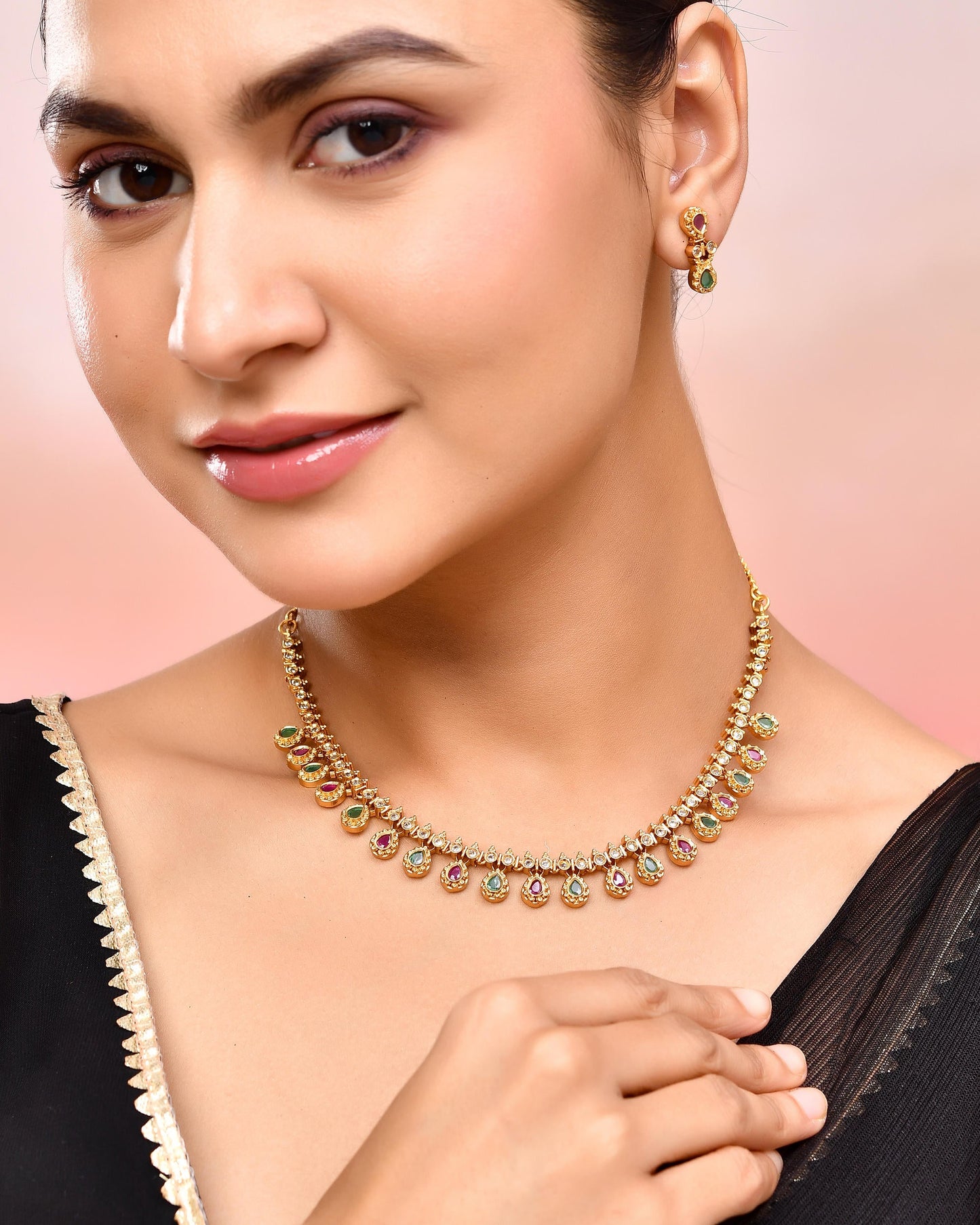 VOJ Gold Toned AD Stone Studded Classic Jewellery Set - Swadesiicart