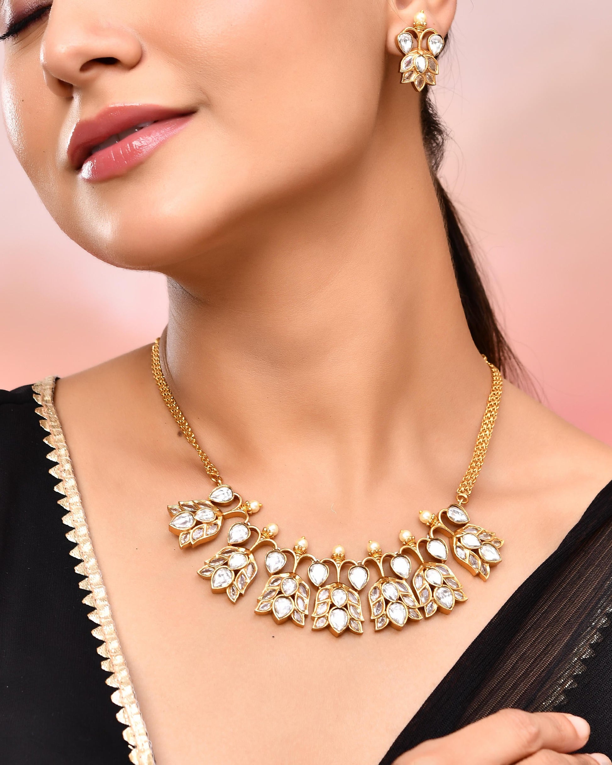 VOJ Gold-Polished Floral Shaped Stone Studded Designer Jewellery Set - Swadesiicart