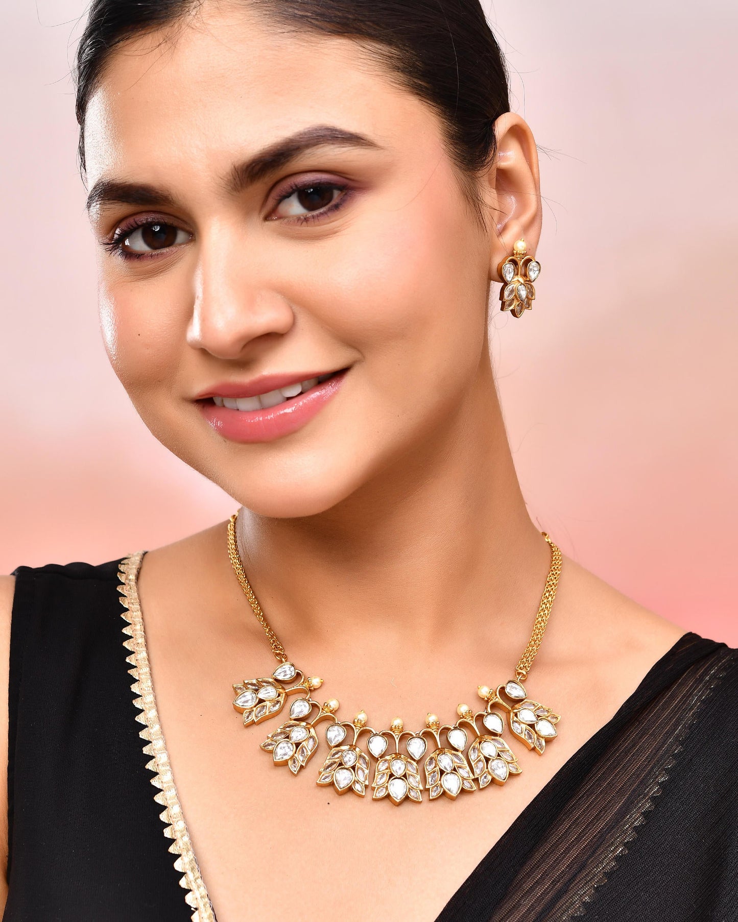 VOJ Gold-Polished Floral Shaped Stone Studded Designer Jewellery Set - Swadesiicart