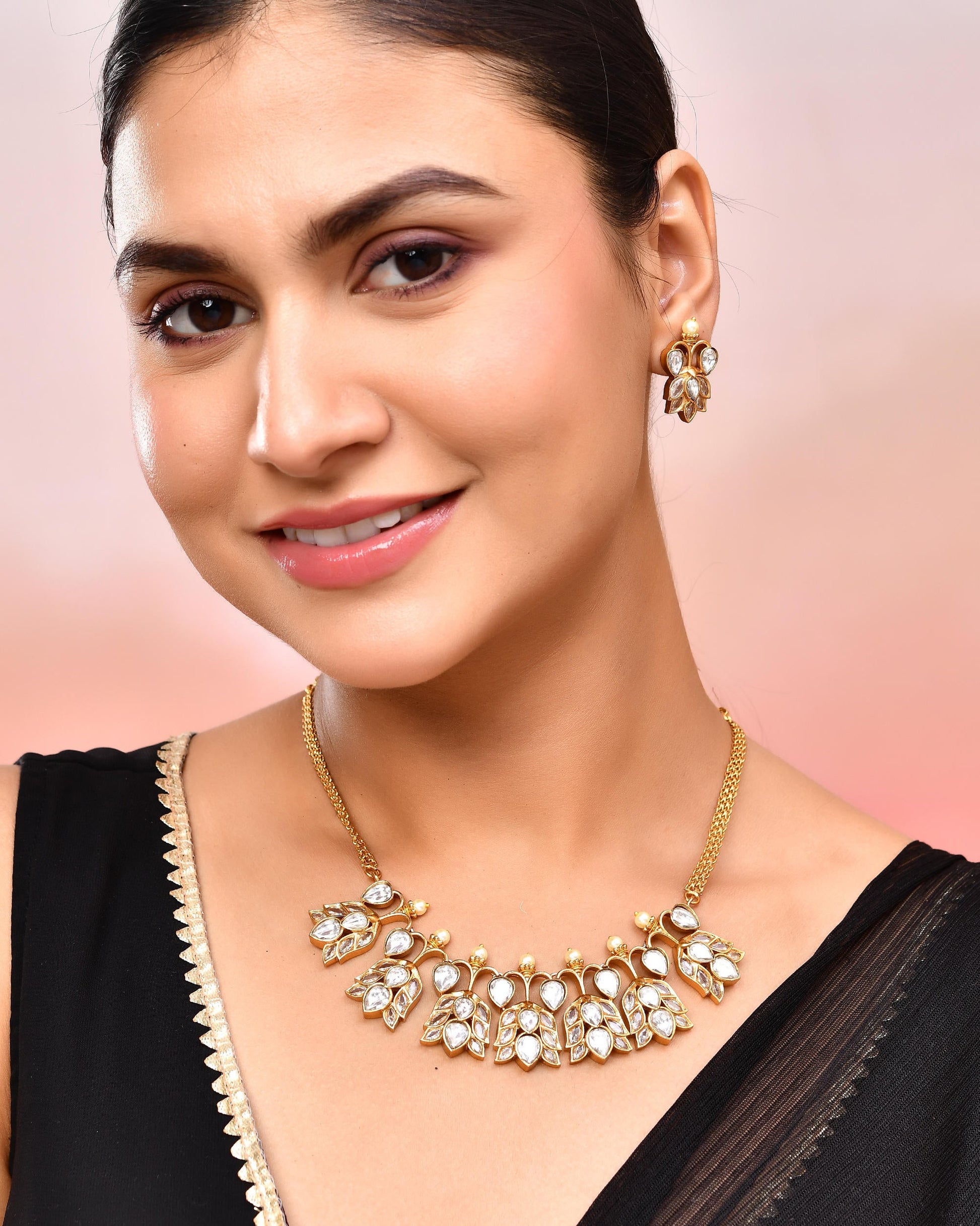 VOJ Gold-Polished Floral Shaped Stone Studded Designer Jewellery Set - Swadesiicart