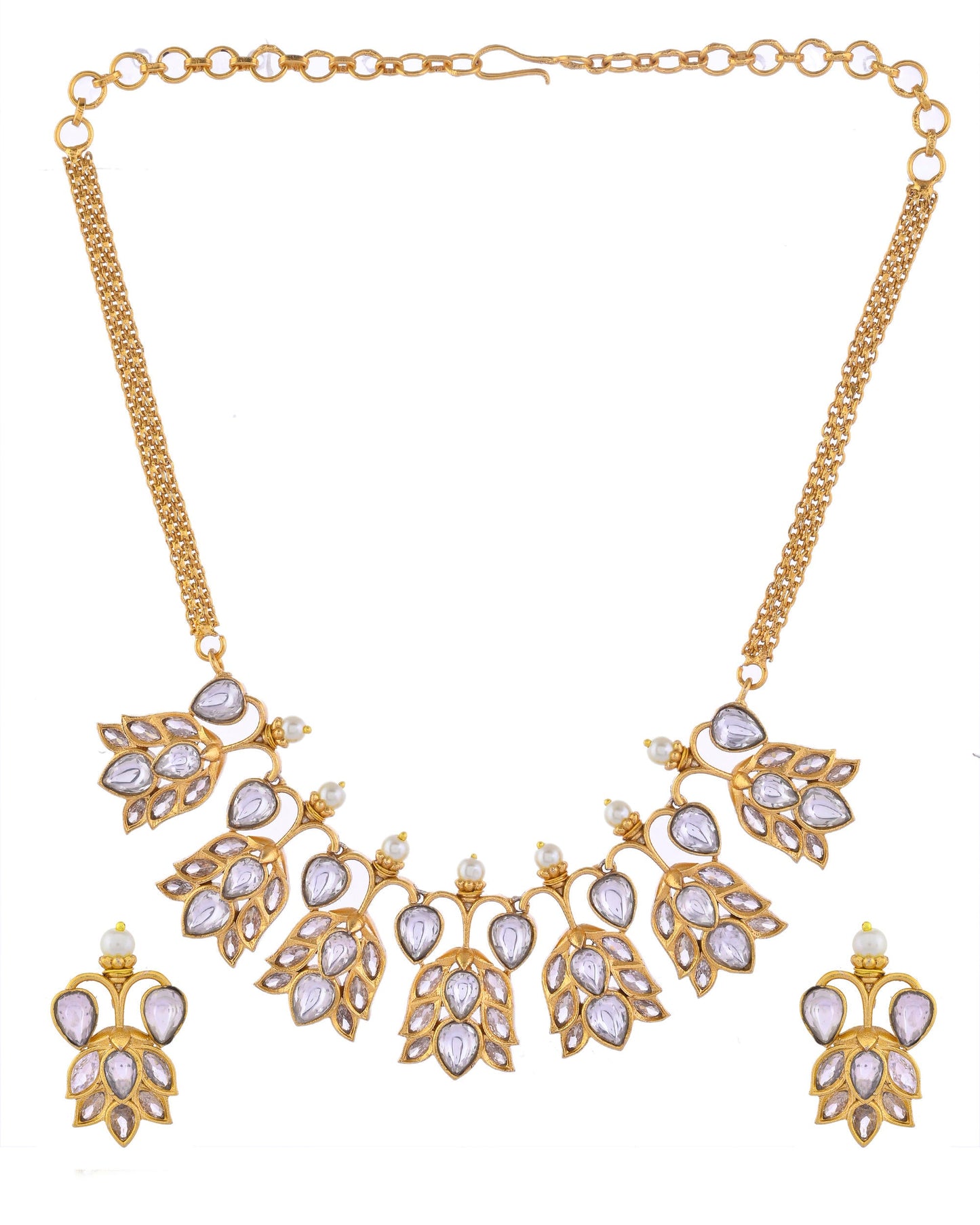 VOJ Gold-Polished Floral Shaped Stone Studded Designer Jewellery Set - Swadesiicart