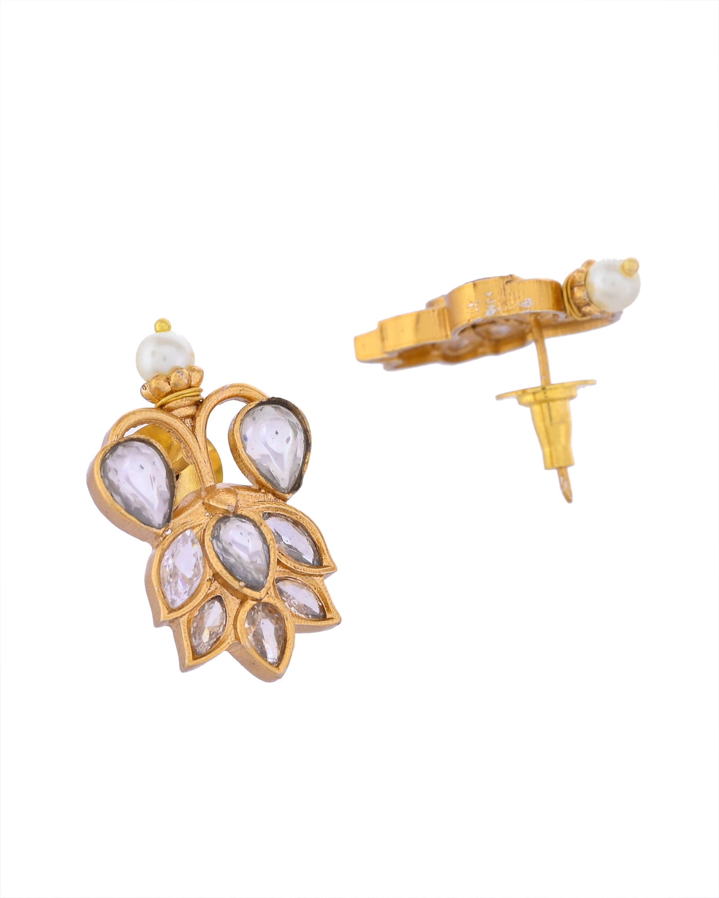 VOJ Gold-Polished Floral Shaped Stone Studded Designer Jewellery Set - Swadesiicart